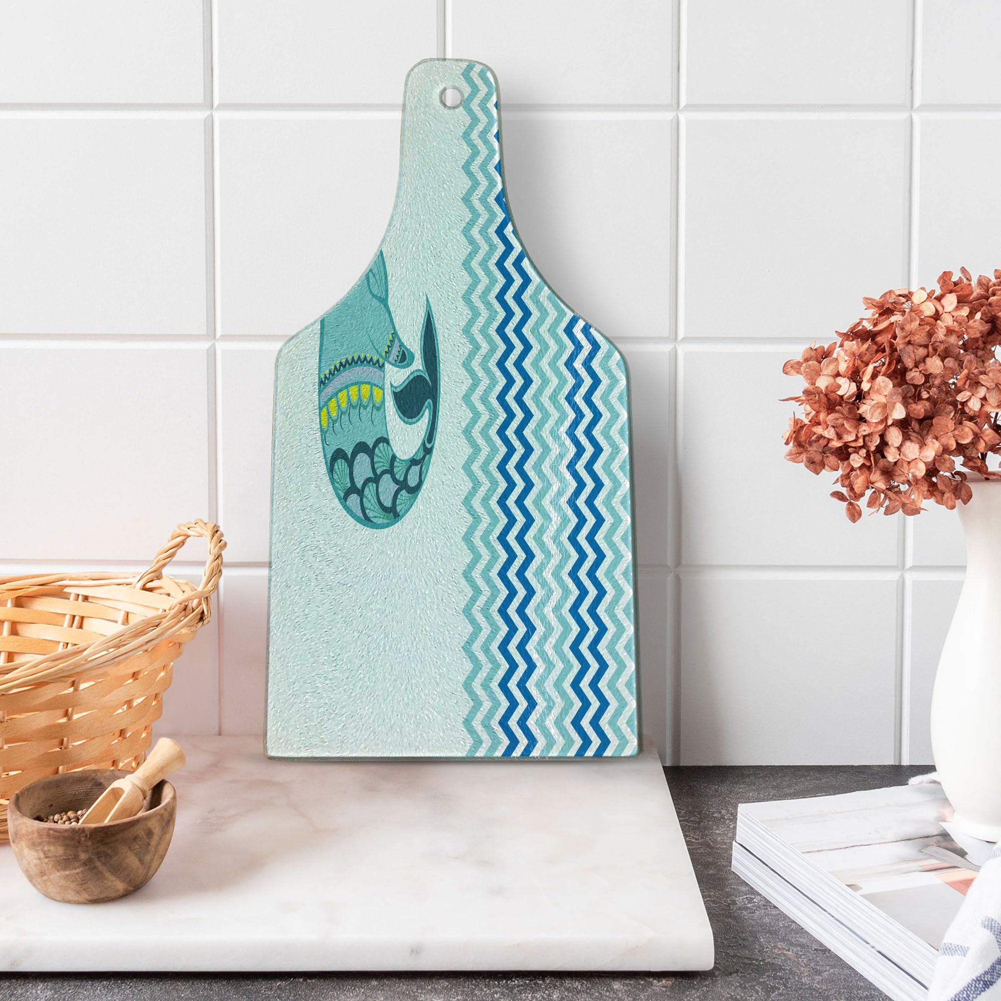 Ambesonne Whale Tempered Glass Cutting Board - Ocean Wave Artwork with Zig Zag Pattern, Decorative Serving Board for Kitchen, Wine Bottle Shape in Blue and White - Perfect for Entertaining, Charcuterie, and Gift Giving