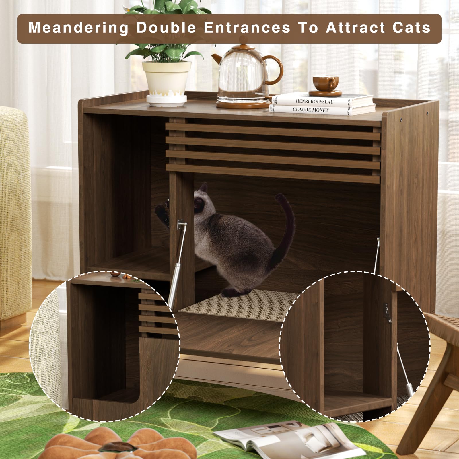 Mid-Century Modern Cat Litter Box Enclosure Furniture - Hidden Litter Box Cabinet with Scratch Pad & Flip-Down Door, Brown End Table for Living Room & Bedroom Cat Washroom Solution