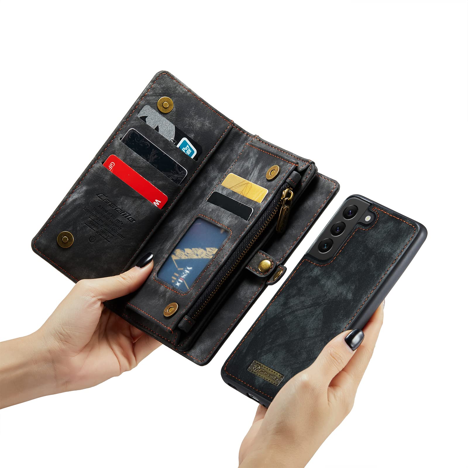 Genuine Leather Wallet Case for Samsung Galaxy S21 Plus - Detachable Magnetic Cover with Zipper Purse, RFID Blocking & Card Slots | Perfect for Business, Travel & Everyday Protection (Black)