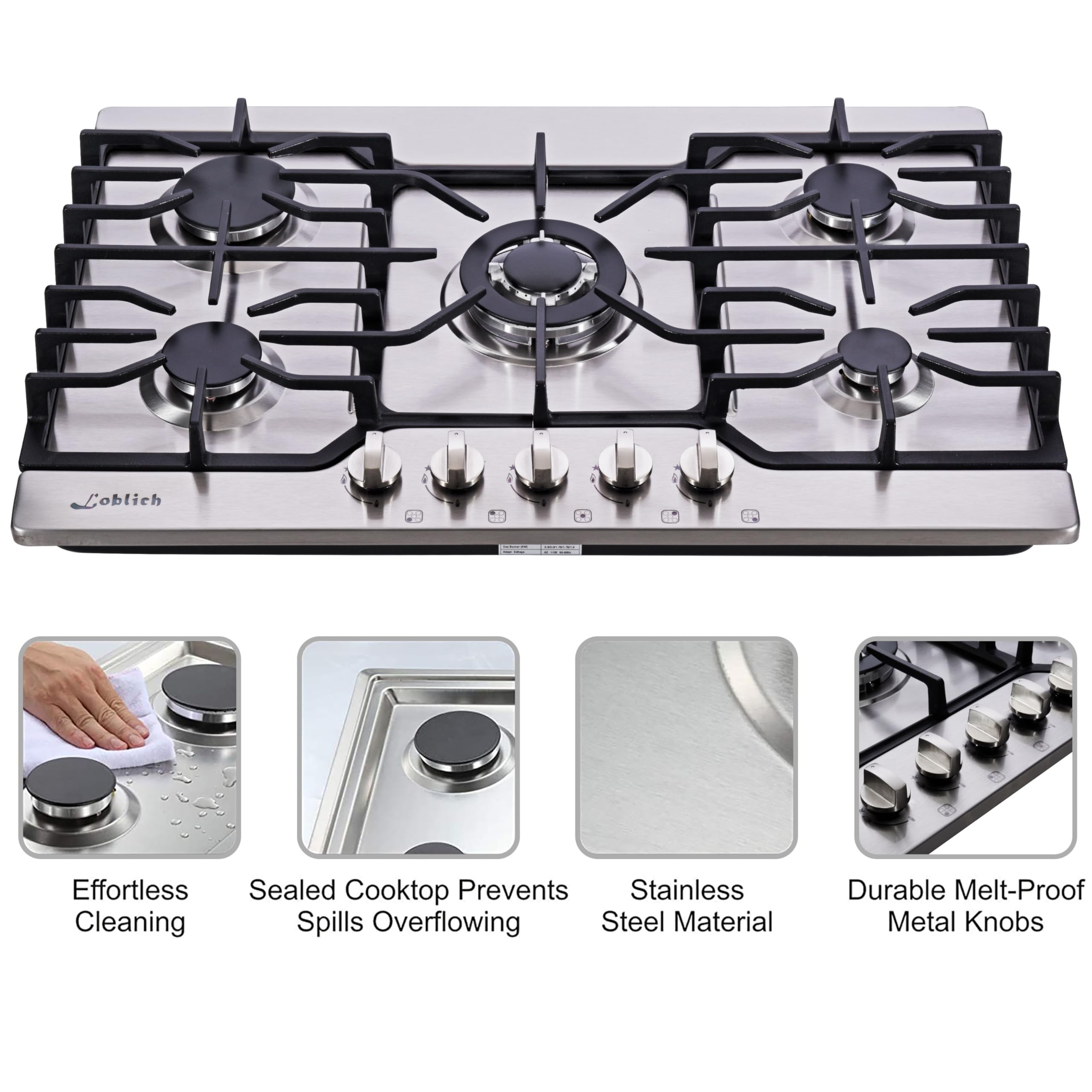 30-Inch 5-Burner Built-in Gas Cooktop with Stainless Steel & Cast Iron Grates - LW5S01A (LPG/NG Convertible) | Professional Kitchen Stove for Home Cooking, Baking & Entertaining