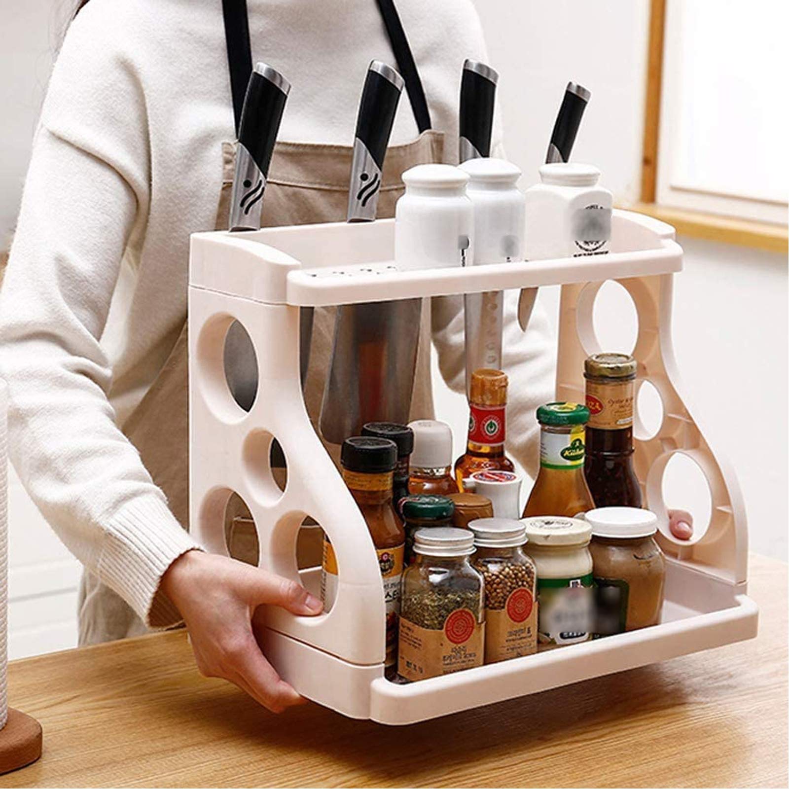 2-Tier Spice Rack Organizer - Space Saving Kitchen Countertop Storage for Spice Jars, Bottles & Cans - Free Standing Spice Holder for Pantry, Cabinet or Counter - Perfect for Small Kitchens & Organized Cooking (Pink)