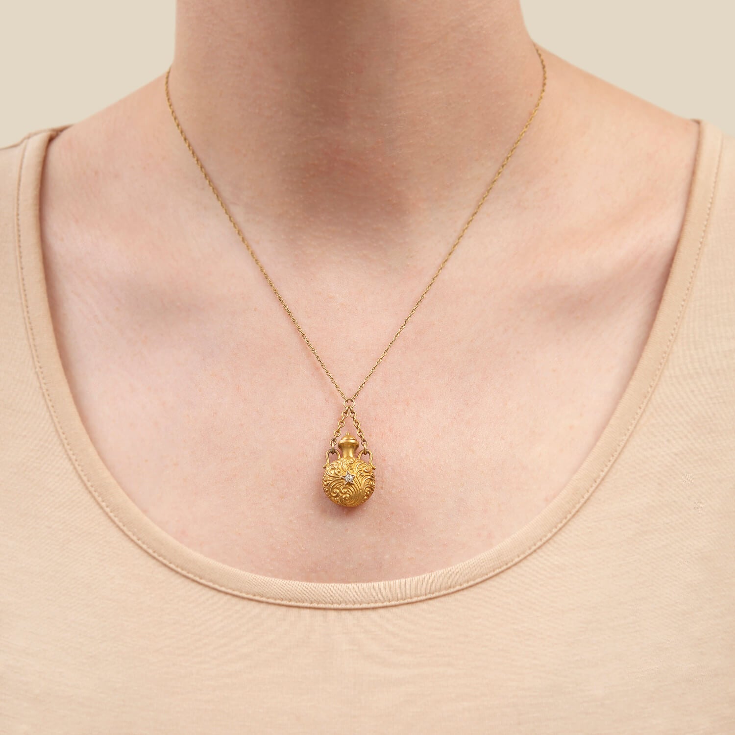 14K Gold Victorian Diamond Repoussé Vinaigrette Pendant Necklace - Antique Jewelry for Women, Gift for Her, Perfect for Weddings & Special Occasions