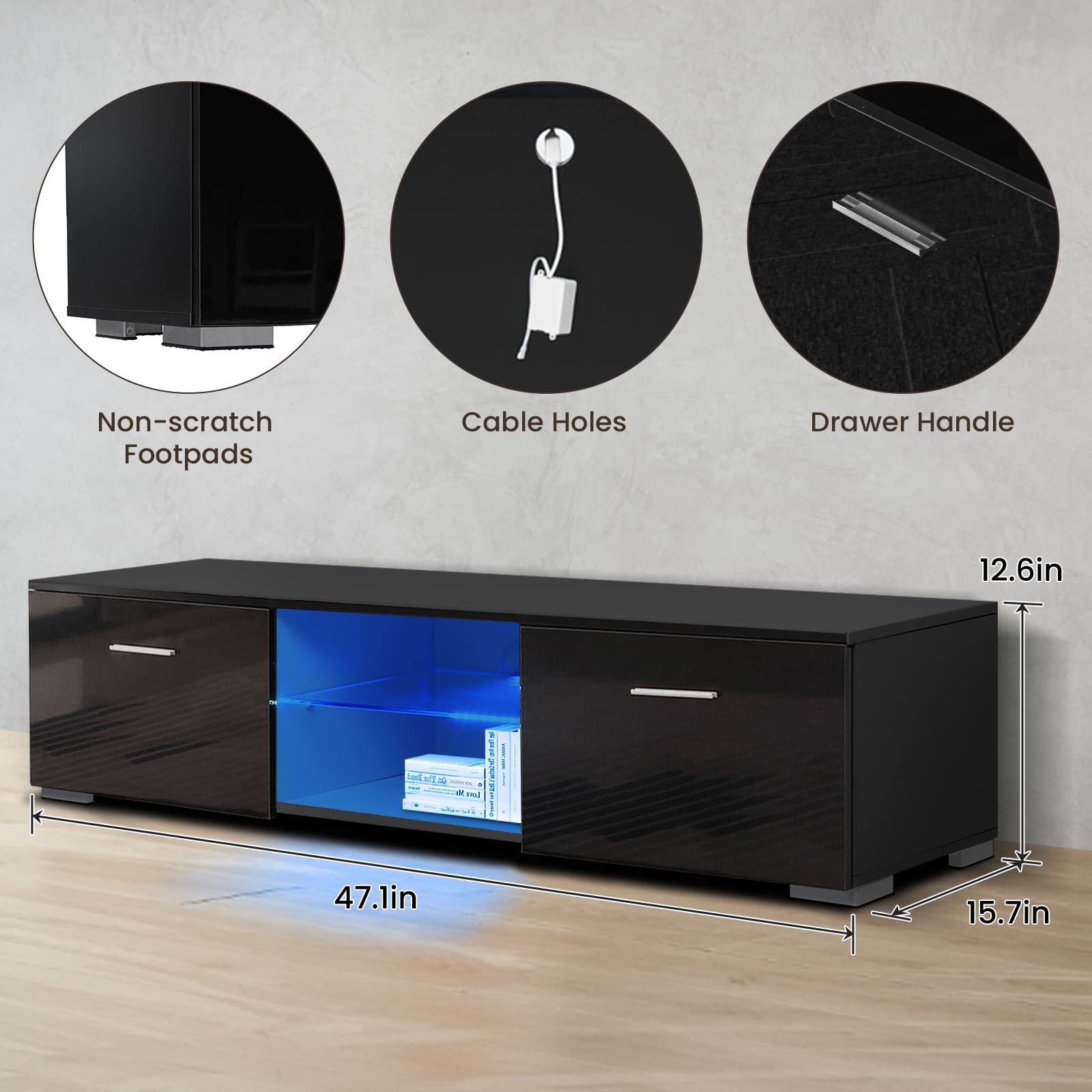Modern LED TV Stand for 65 Inch TVs - Black Entertainment Center with Storage, Glass Shelves & 2 Drawers - High Gloss TV Cabinet with LED Lights for Living Room, Bedroom & Home Theater Setup