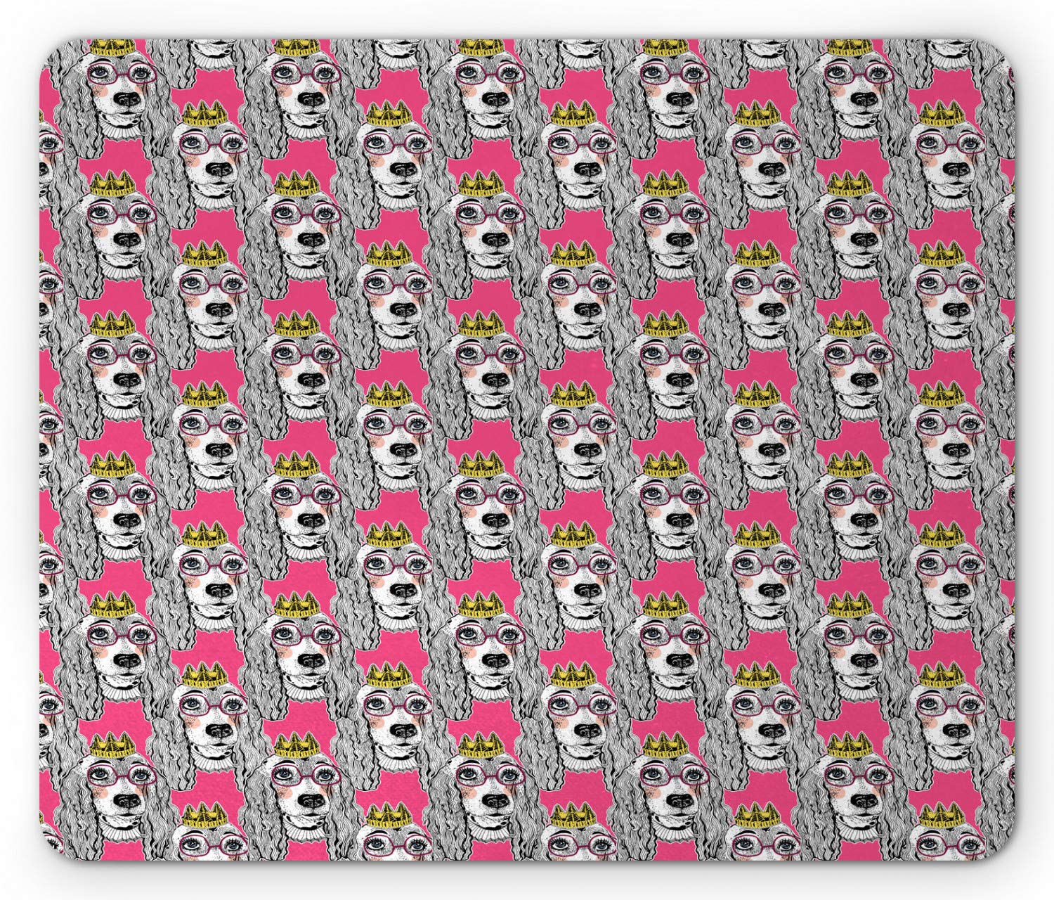 Ambesonne Dog Lover Mouse Pad - Cute Doodle Puppy with Long Ears, Glasses & Crown Repeating Pattern - Non-Slip Rubber Base - Standard Size Rectangle Mousepad in Pink Multicolor - Perfect for Office, Gaming & Home Computer Use