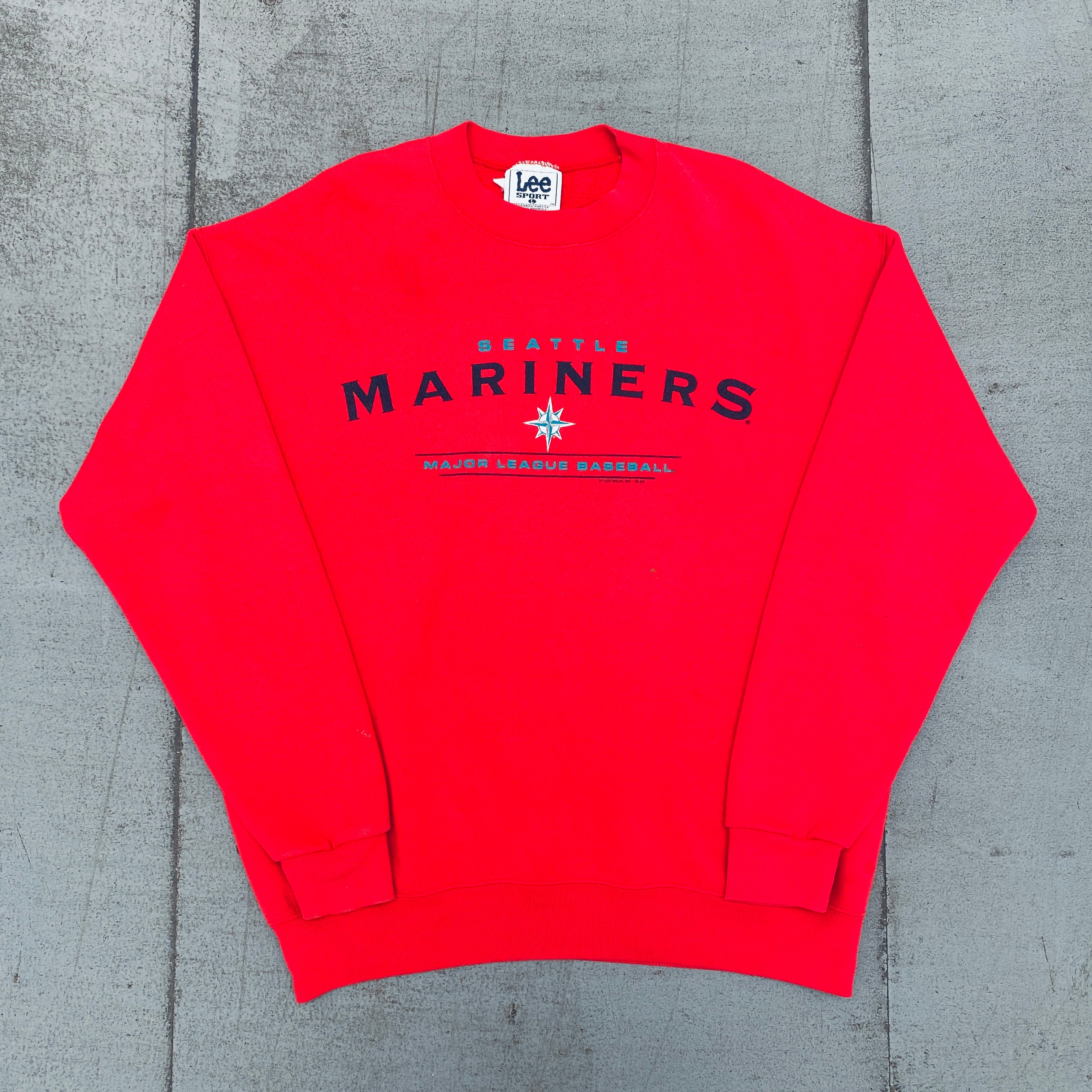 Vintage 1990s Seattle Mariners Graphic Spellout Sweatshirt - Large Size - Retro Baseball Fan Apparel for Men & Women - Perfect for Game Day, Casual Wear & Sports Memorabilia Collectors