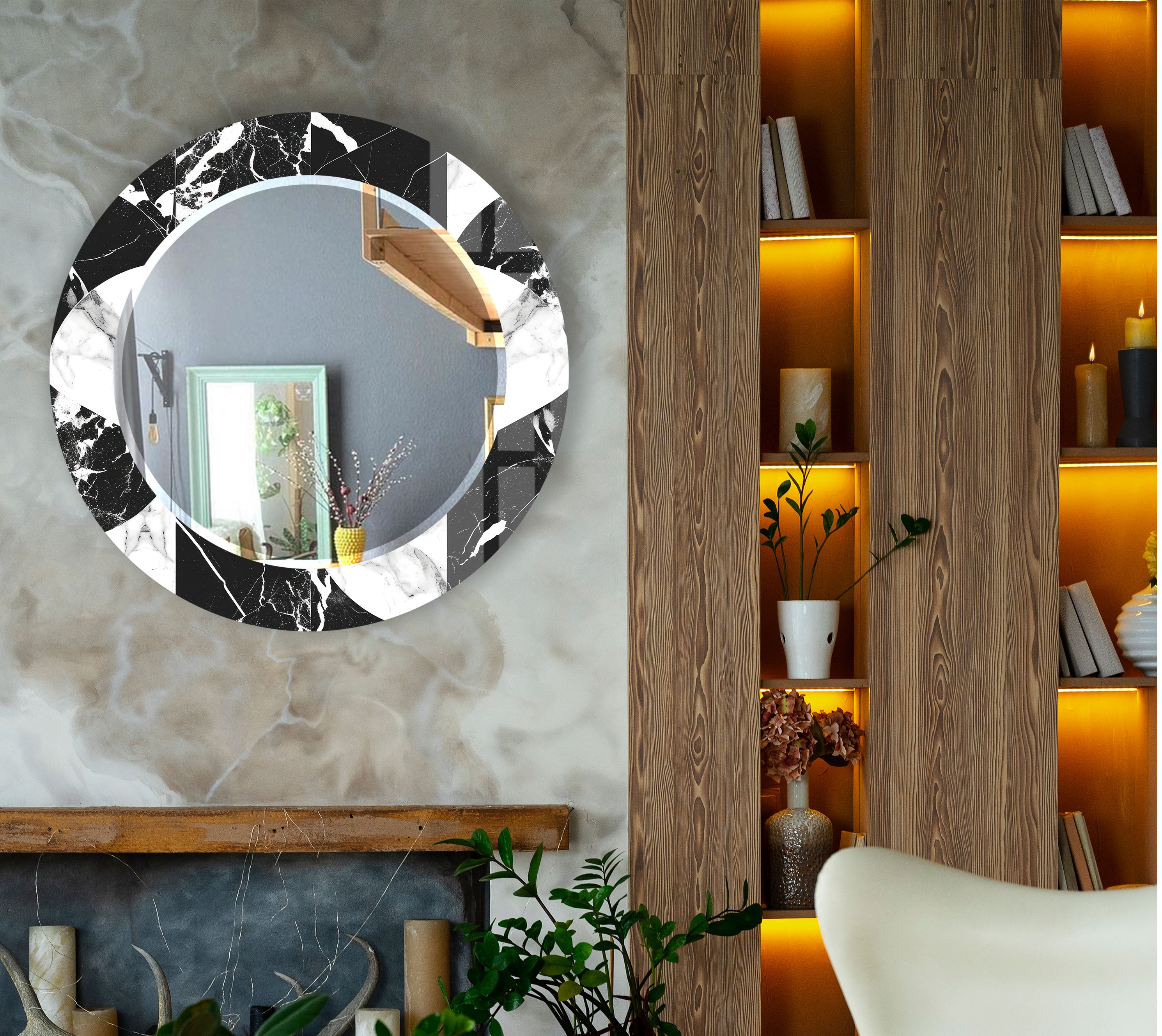 Black & White Marble Round Mirror - Modern Elegant Wall Decor for Living Room, Bedroom & Bathroom | Stylish Home Accent for Contemporary Interiors