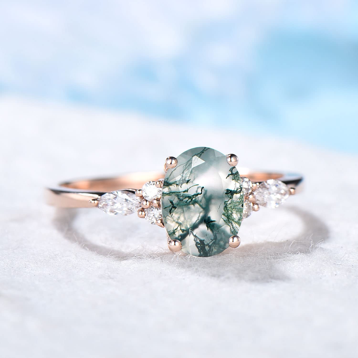 1.5ct Oval Natural Green Moss Agate Engagement Ring in Rose Gold - Marquise Cut CZ Diamond Wedding Ring for Women, Promise Ring & Anniversary Gift (Perfect for Beach Weddings & Romantic Proposals)