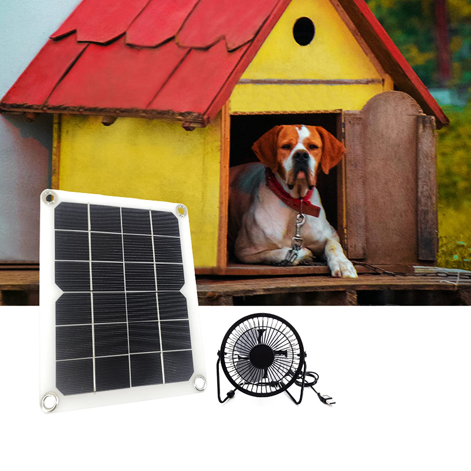 Solar Powered Dog House Cooling Fan Kit - Waterproof USB Pet House Exhaust Fan with Solar Panel for Outdoor Use | Perfect for Kennels, Sheds & Outdoor Pet Shelters