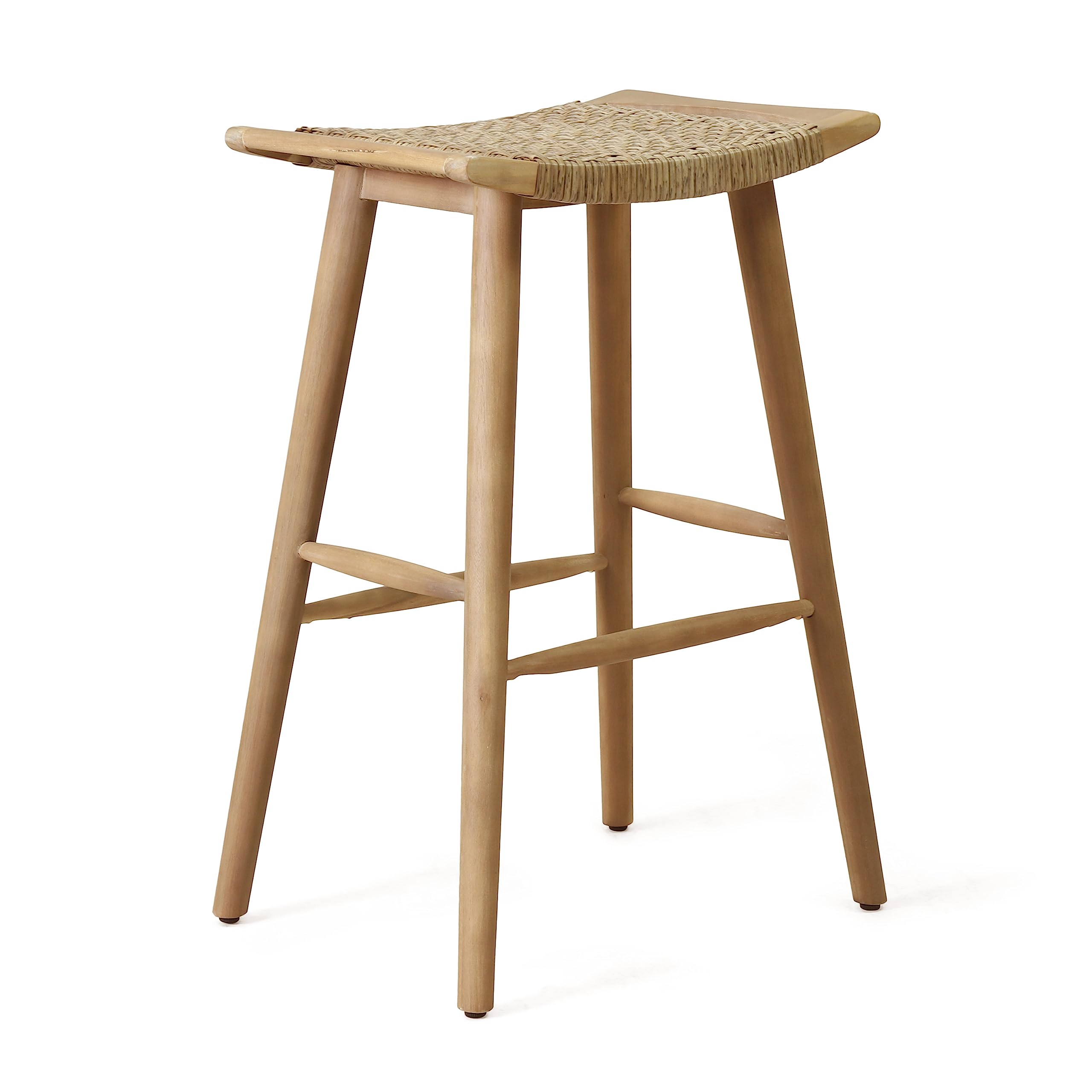 Christopher Knight Home Magwen Outdoor Acacia Wood Barstool with Wicker Back - Set of 4, Light Brown & Multi-Brown - Perfect for Patio, Deck, Garden & Poolside Seating