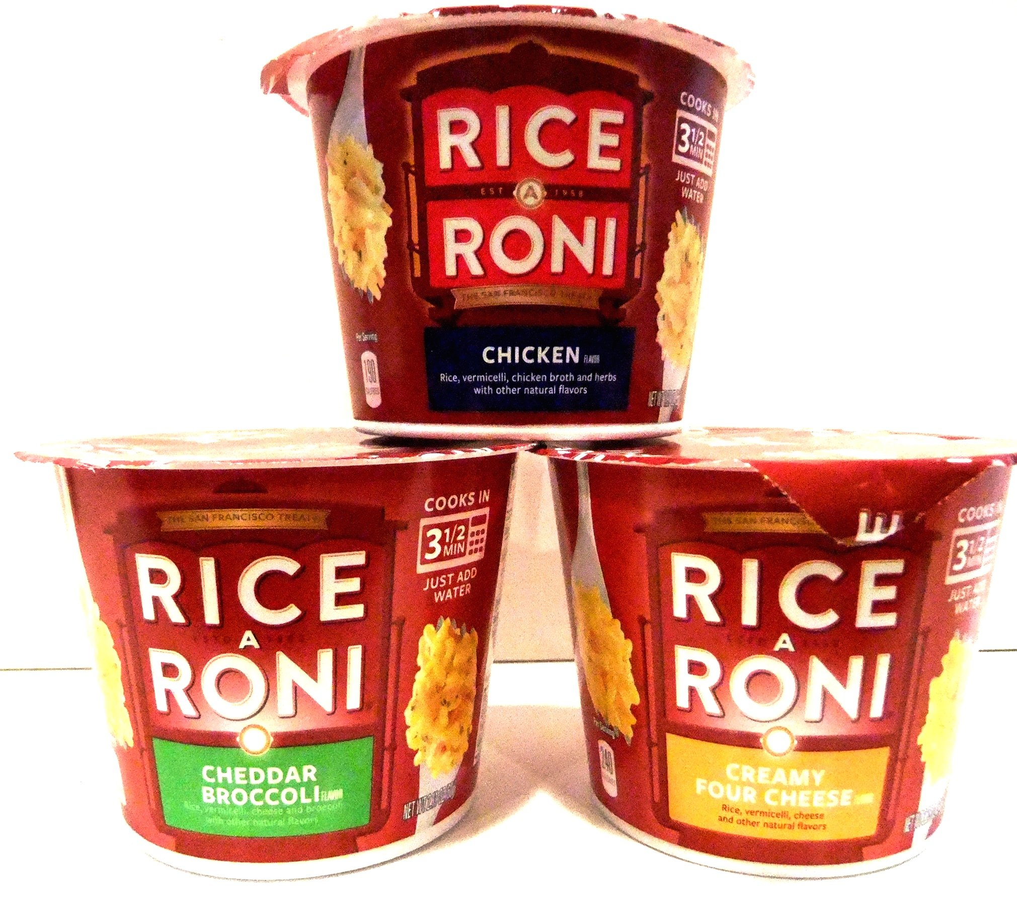 Rice A Roni Microwaveable Cups Variety Pack - 12 Single Serve Meals (4 Chicken, 4 Creamy Four Cheese, 4 Cheddar Broccoli) with Free Heavy Duty Plastic Utensils - Quick Lunch & Easy Dinner Solution for Office, College Dorms & Camping