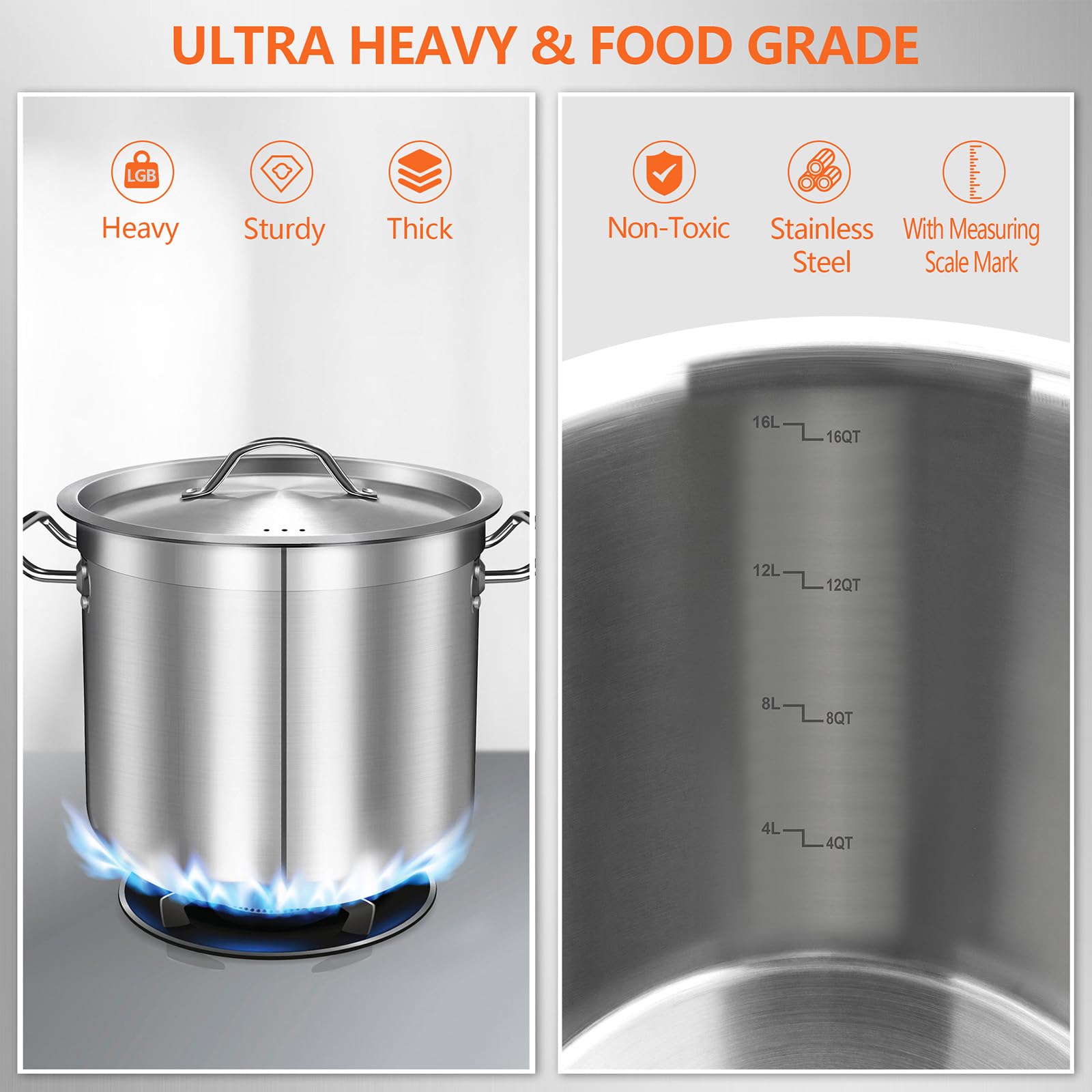 16 Quart Stainless Steel Stock Pot with Lid - Heavy Duty Large Cooking Pot for Soups, Stews & Pozole | Induction Compatible | Perfect for Family Meals, Meal Prep & Commercial Kitchens