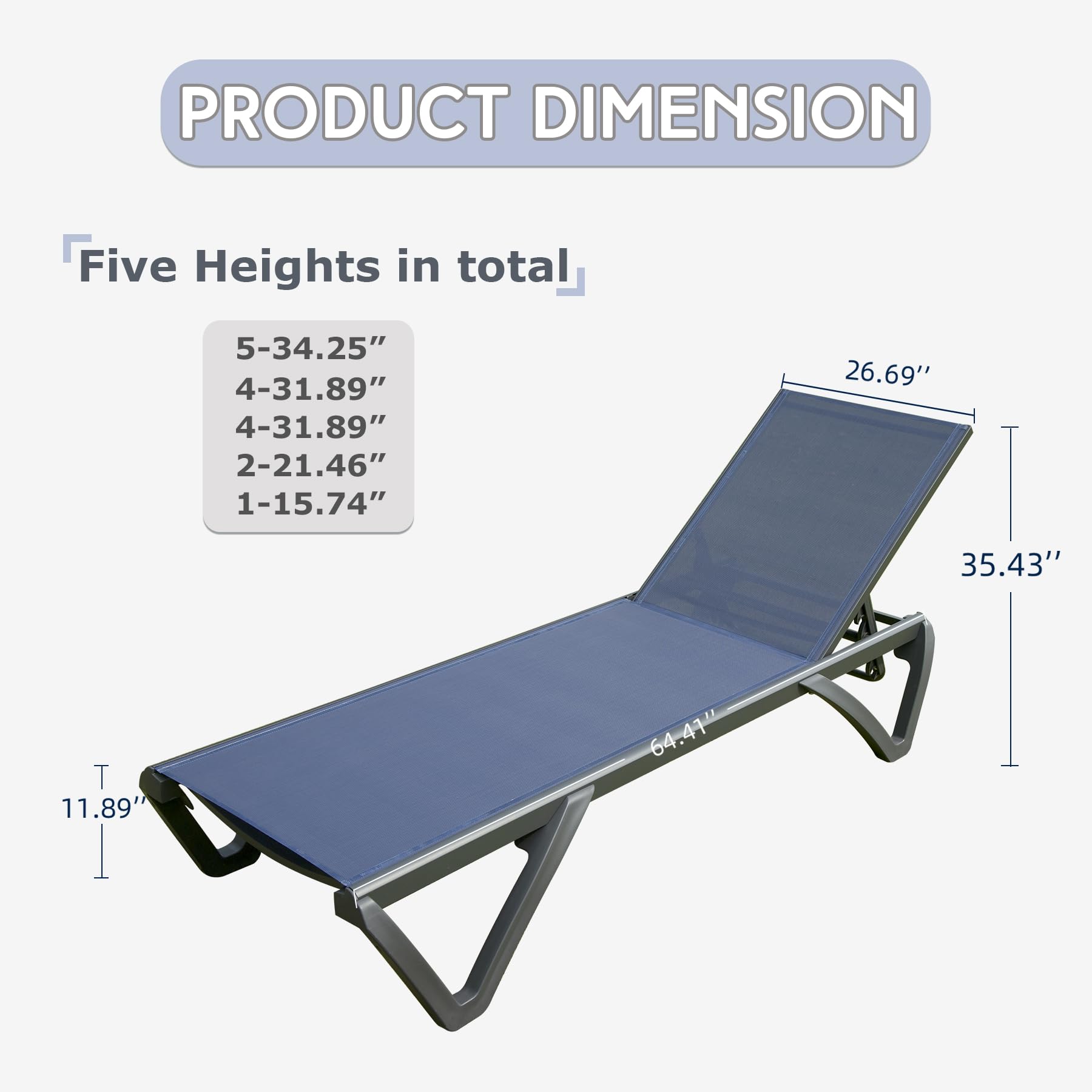 Domi Patio Lounge Chairs Set of 2, 5-Position Adjustable Aluminum Pool Chaise Lounge with Wheels, Outdoor Patio Furniture for Poolside, Beach, Garden, Backyard, Deck - Navy Blue