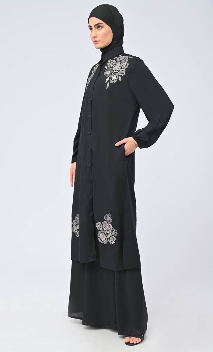 Modest Islamic Button Down Flared Outfit Set with Hijab and Pockets - Elegant Prayer Dress for Women, Perfect for Mosque, Eid, and Special Occasions