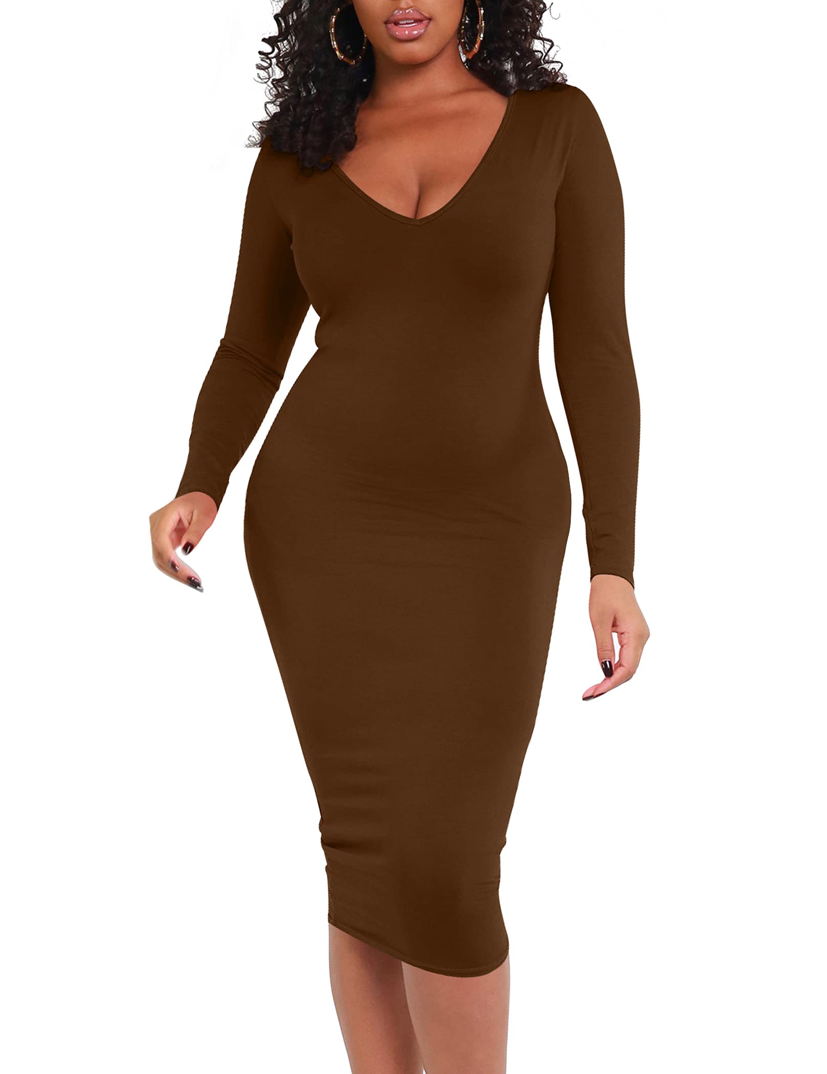 BORIFLORS Women's Sexy Bodycon Long Sleeve Deep V Neck Party Dress - Elegant Midi Pencil Dress for Club Night, Date Night & Cocktail Parties