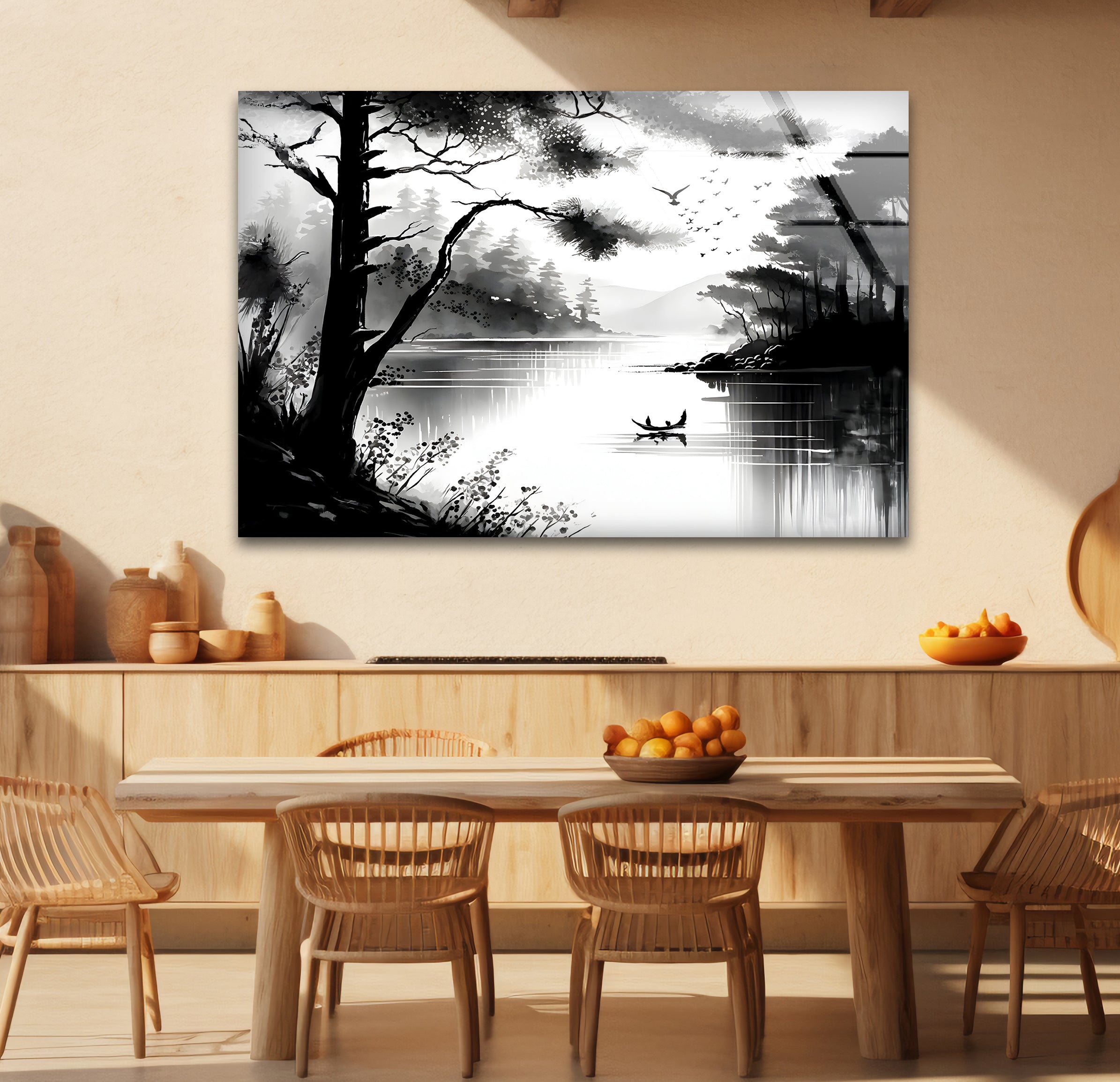 Stunning Black and White Lake View Glass Wall Art - Modern Home Decor for Living Room, Bedroom & Office - Perfect for Nature Lovers & Interior Design