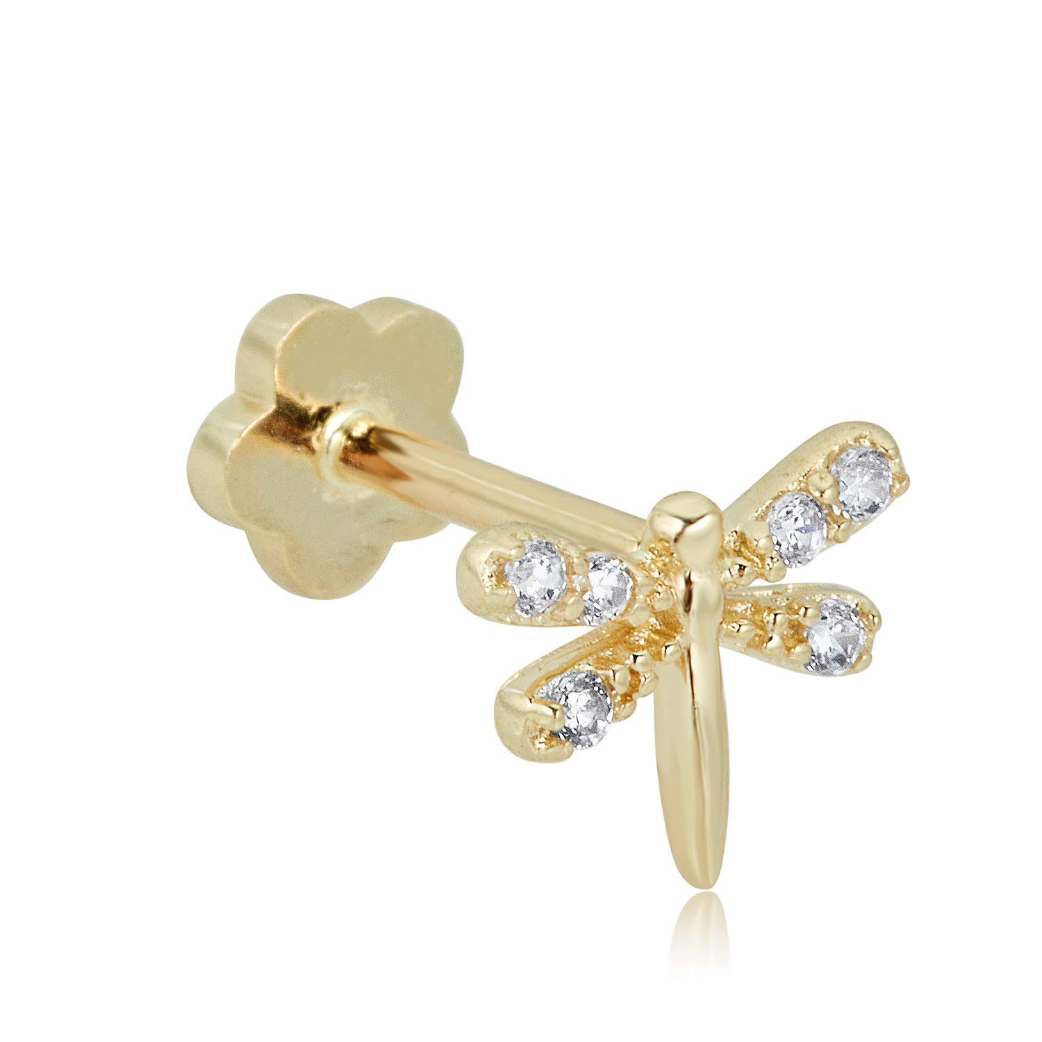 AVORA 14K Gold Plated CZ Dragonfly Cartilage Earrings - Flat Back Body Jewelry for Helix, Tragus & Conch Piercing (18 Gauge) - Dainty Everyday Wear & Special Occasion Gift