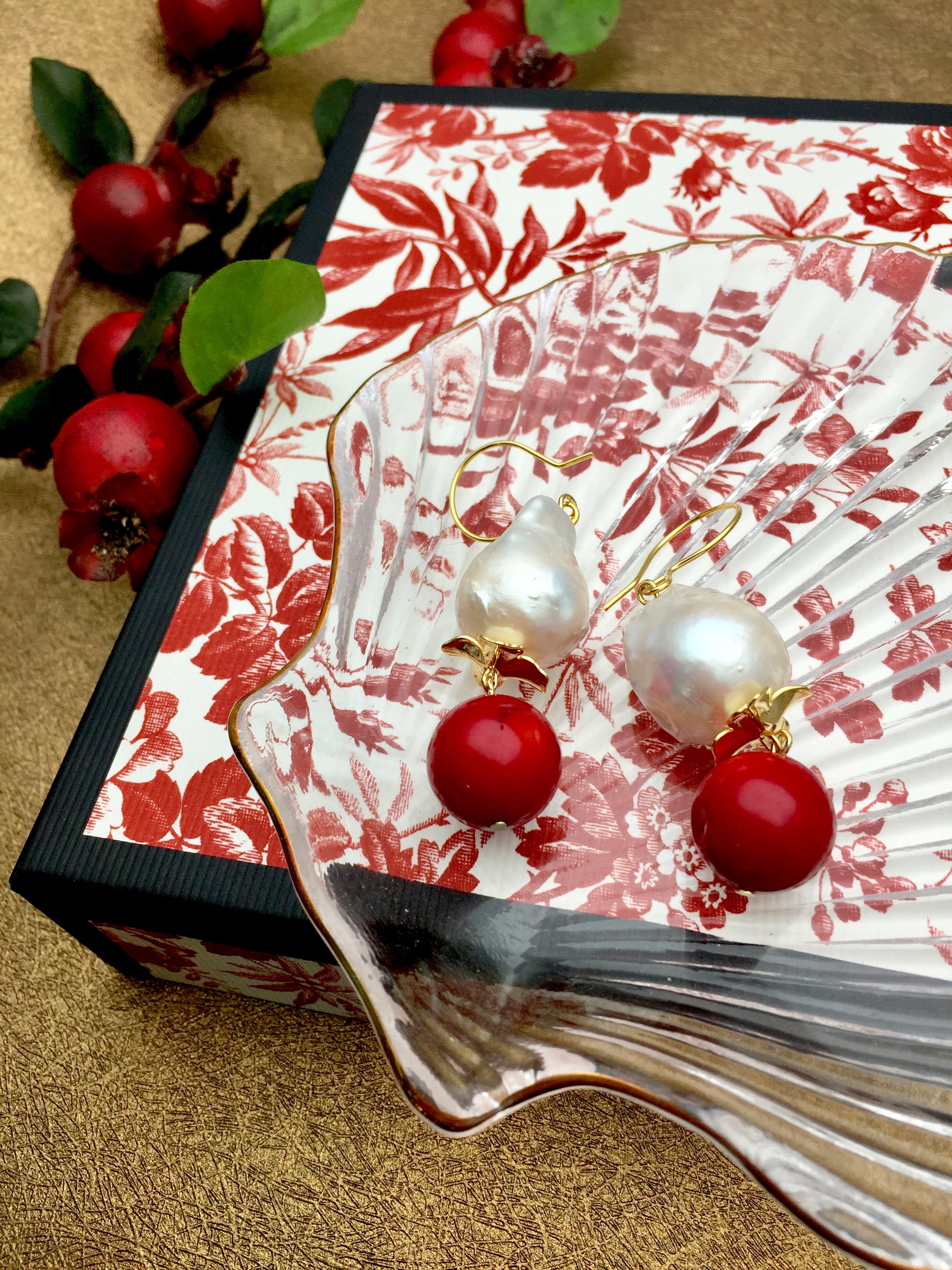 Baroque Pearls with Red Coral Dangle Earrings CE007 - Elegant Vintage Jewelry for Women, Perfect for Weddings, Parties & Special Occasions