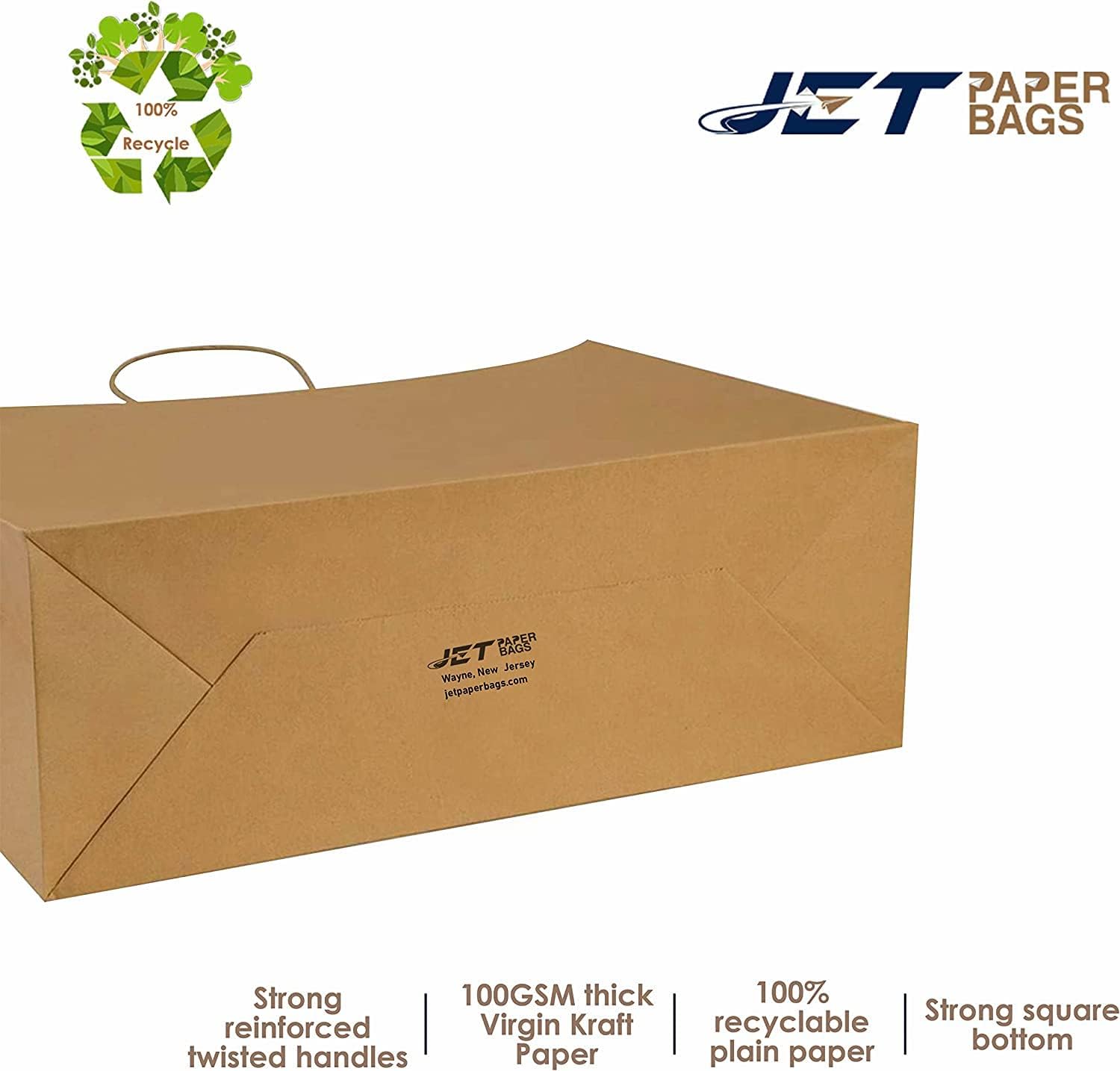 JET PAPER BAGS - 16x6x12 Inches [250 Pack] Large Brown Kraft Paper Bags with Handles for Takeout, Grocery, Retail, Parties, Gifts & Weddings - Eco-Friendly Recyclable Gift Bags - Perfect for Food Delivery, Shopping, Birthday Favors & Wedding Decorations