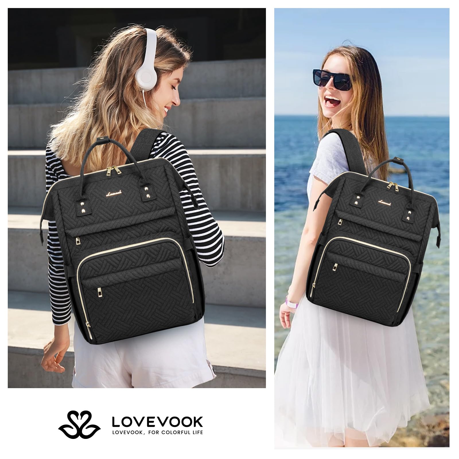LOVEVOOK 15.6 Inch Laptop Backpack for Women - Waterproof USB Charging Travel Backpack, Professional Work Bag for Nurse, Teacher & Business - Stylish Black Plait Design for Commuting, College & Daily Use