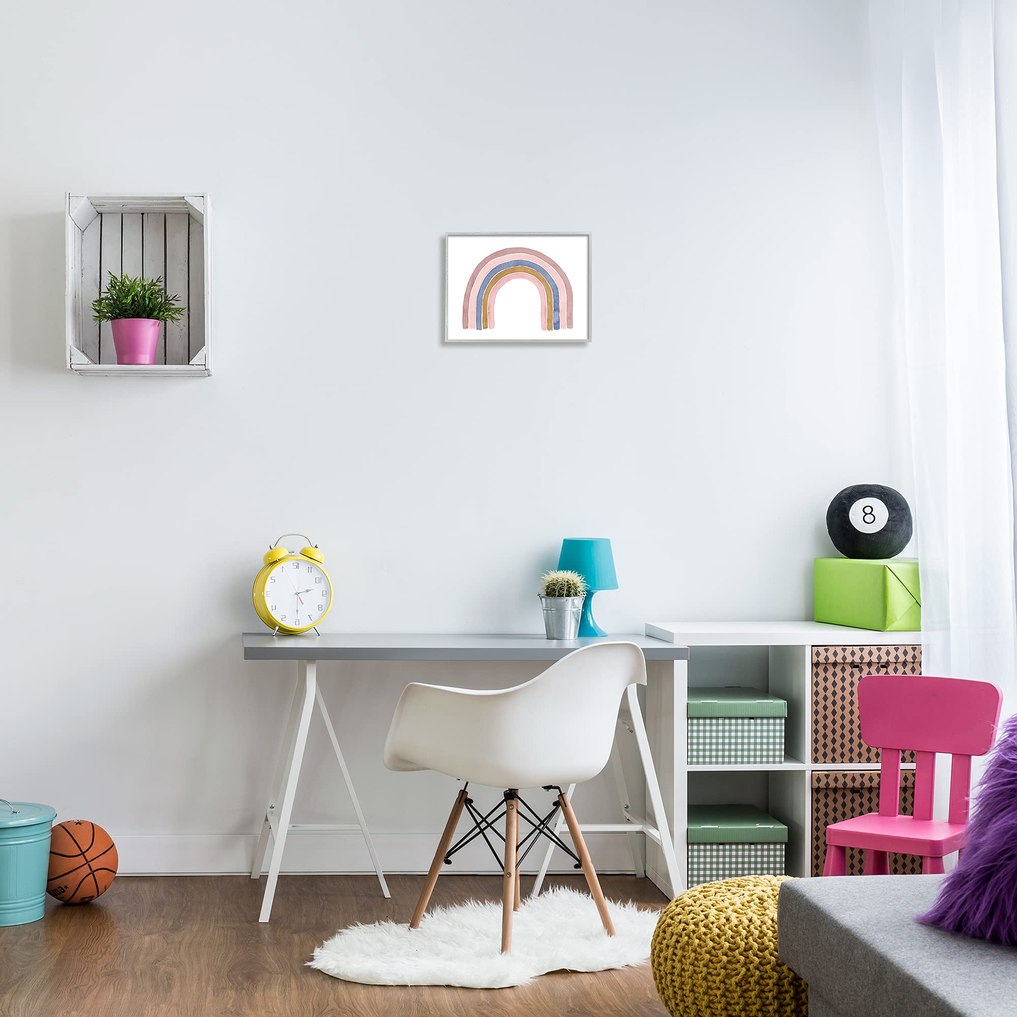 Stupell Industries Minimalist Five Arch Rainbow Wall Art in Pink, Blue & Gold - Designed by Lucille Price - 14x11 Inch White Framed Canvas - Perfect for Nursery, Bedroom & Boho Home Decor