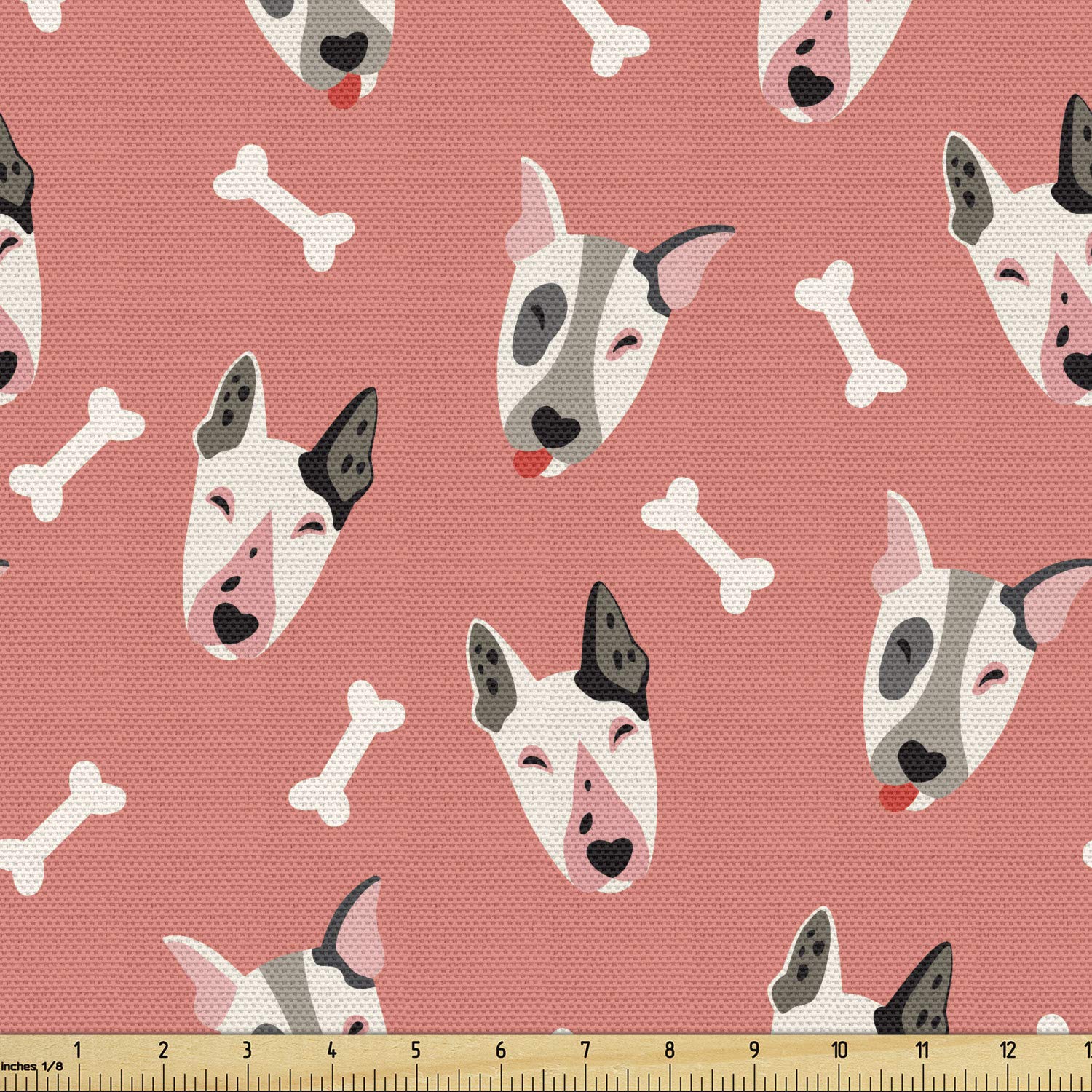 Ambesonne Playful Bull Terrier Dog Faces Cartoon Fabric by The Yard - 1 Yard Coral Off White Upholstery Material for DIY Home Decor, Pet Lover Gifts & Nursery Accents | Perfect for Pillows, Curtains & Craft Projects