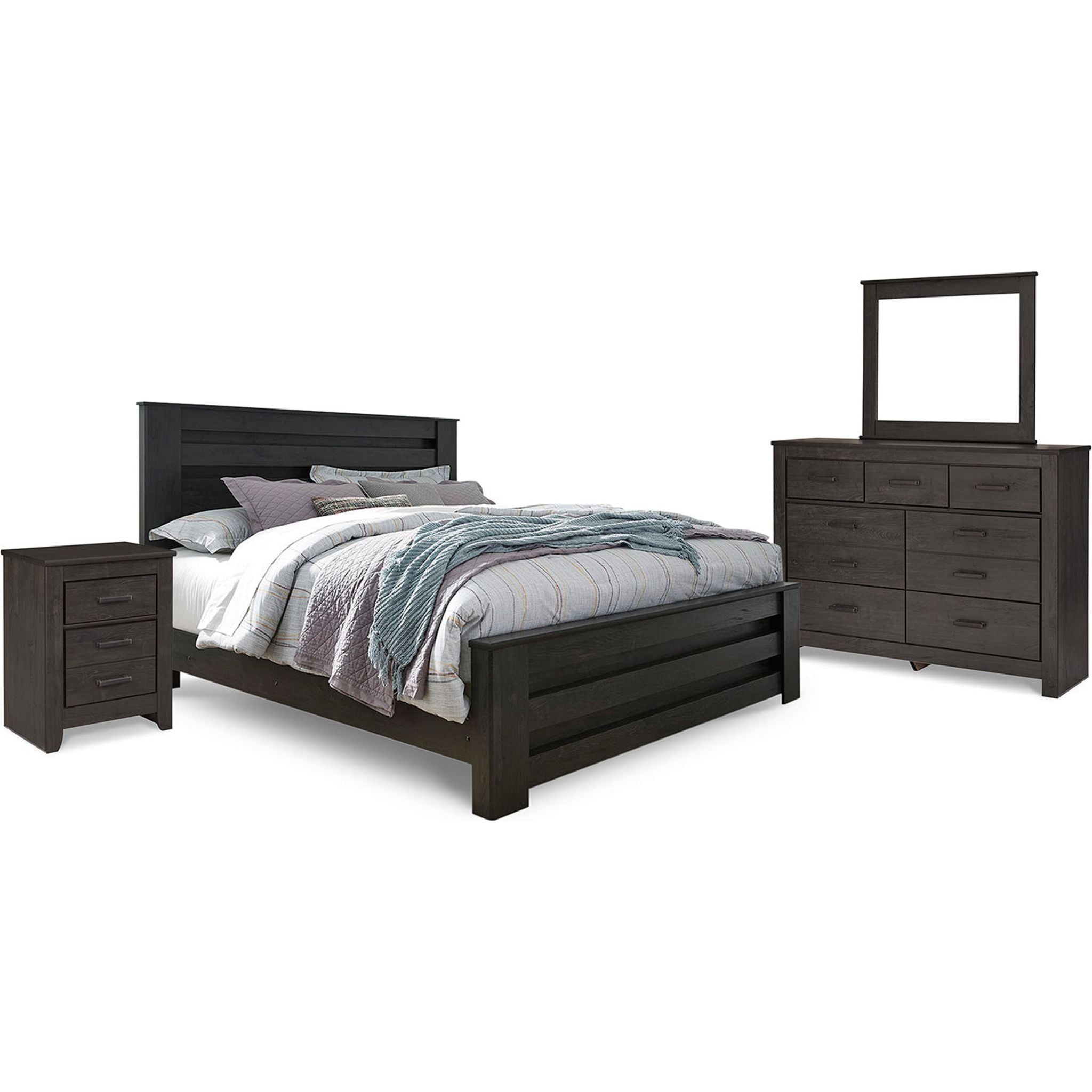 Brinxton 6-Piece Panel Bedroom Set - Queen Size Bed, Nightstand, Dresser & Mirror - Modern Charcoal Finish - Perfect for Master Bedroom or Guest Room Decor