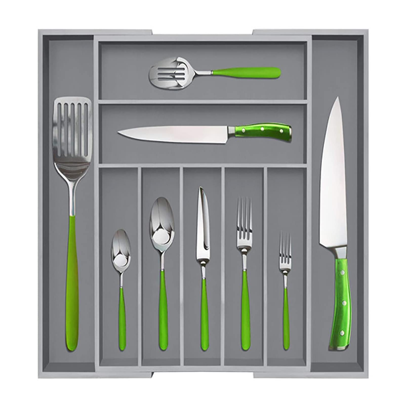 Expandable Bamboo Kitchen Drawer Organizer - 13.5x17.5in Cutlery Tray & Silverware Organizer for Utensils, Knives, Makeup & Tools (Gray) - Perfect for Kitchen, Bathroom & Office Storage Organization
