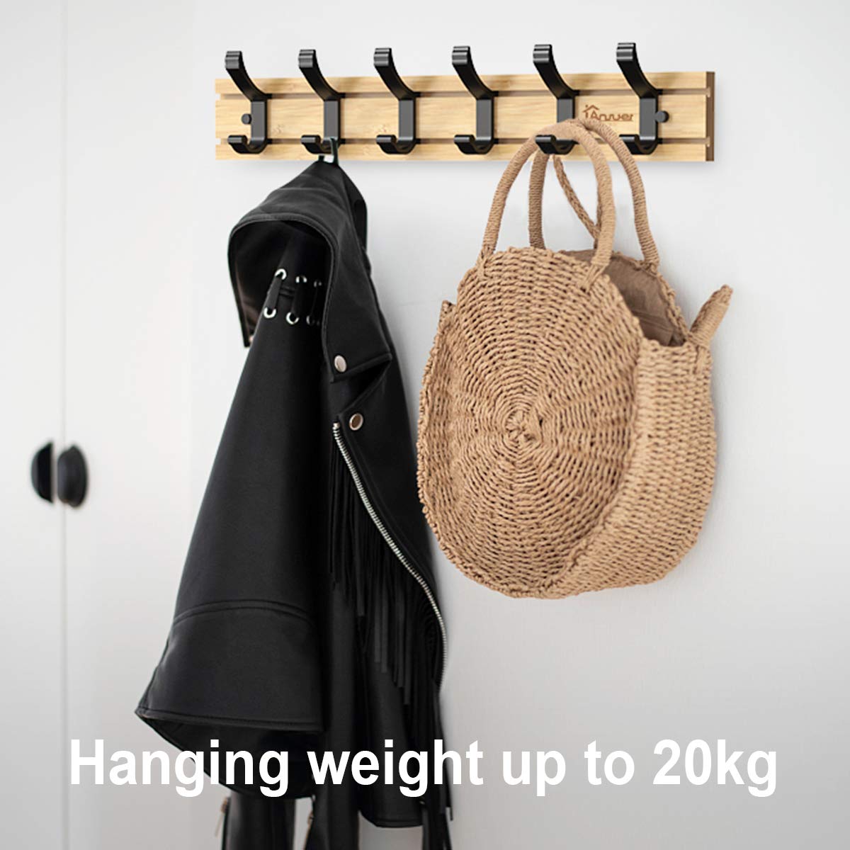 Heavy Duty Bamboo Coat Hanger with 6 Hooks - Durable Clothes & Hat Organizer for Closet, Bedroom, Laundry Room, and Entryway Storage