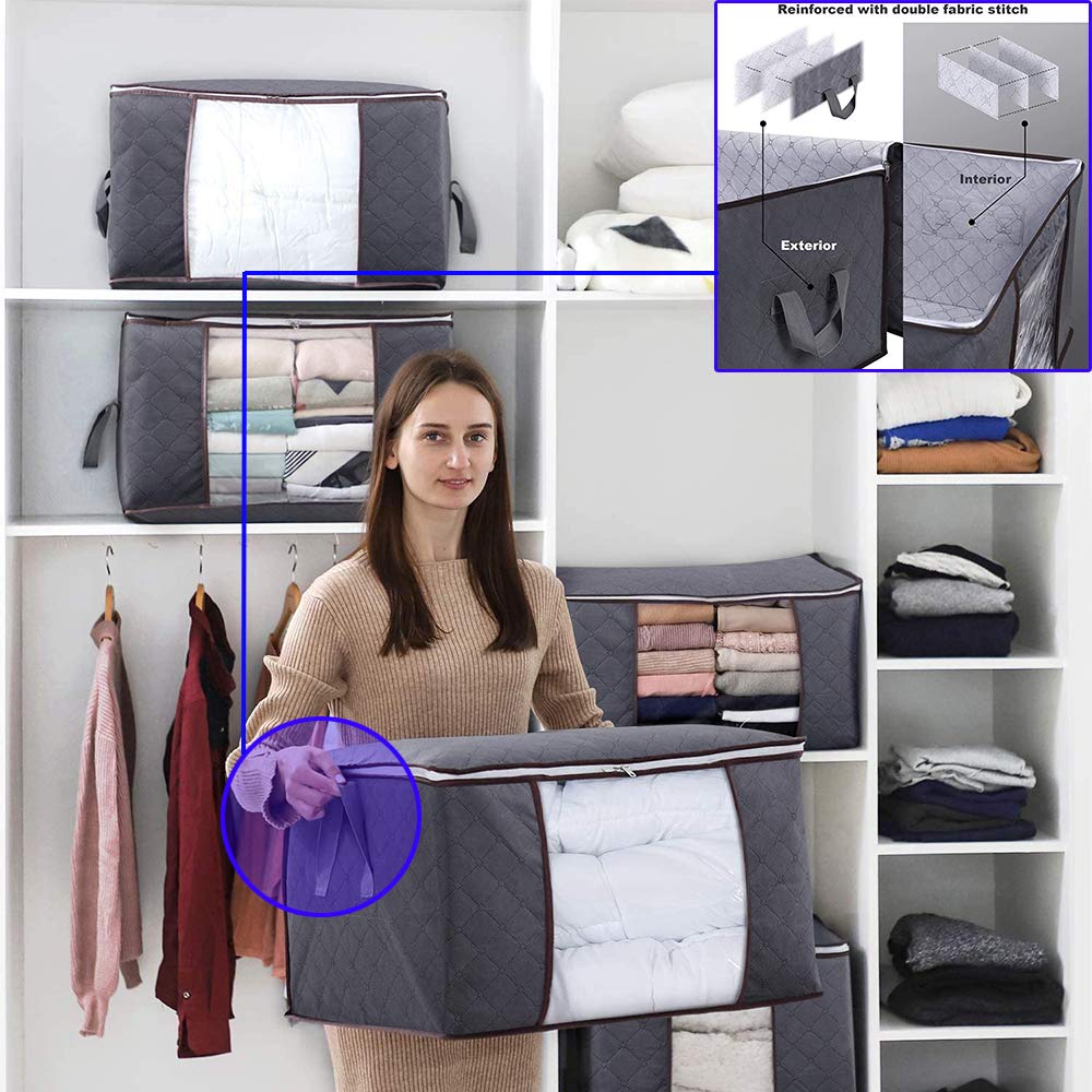 90L Large Clothes Storage Bags 3-Pack - Vacuum Seal Blanket Organizer for Comforters, Bedding, Pillows & Sweaters - Clear Window, Heavy Duty Fabric, Odor-Free with Reinforced Handles (Gray) - Perfect for Closet, Underbed & Seasonal Storage Organization