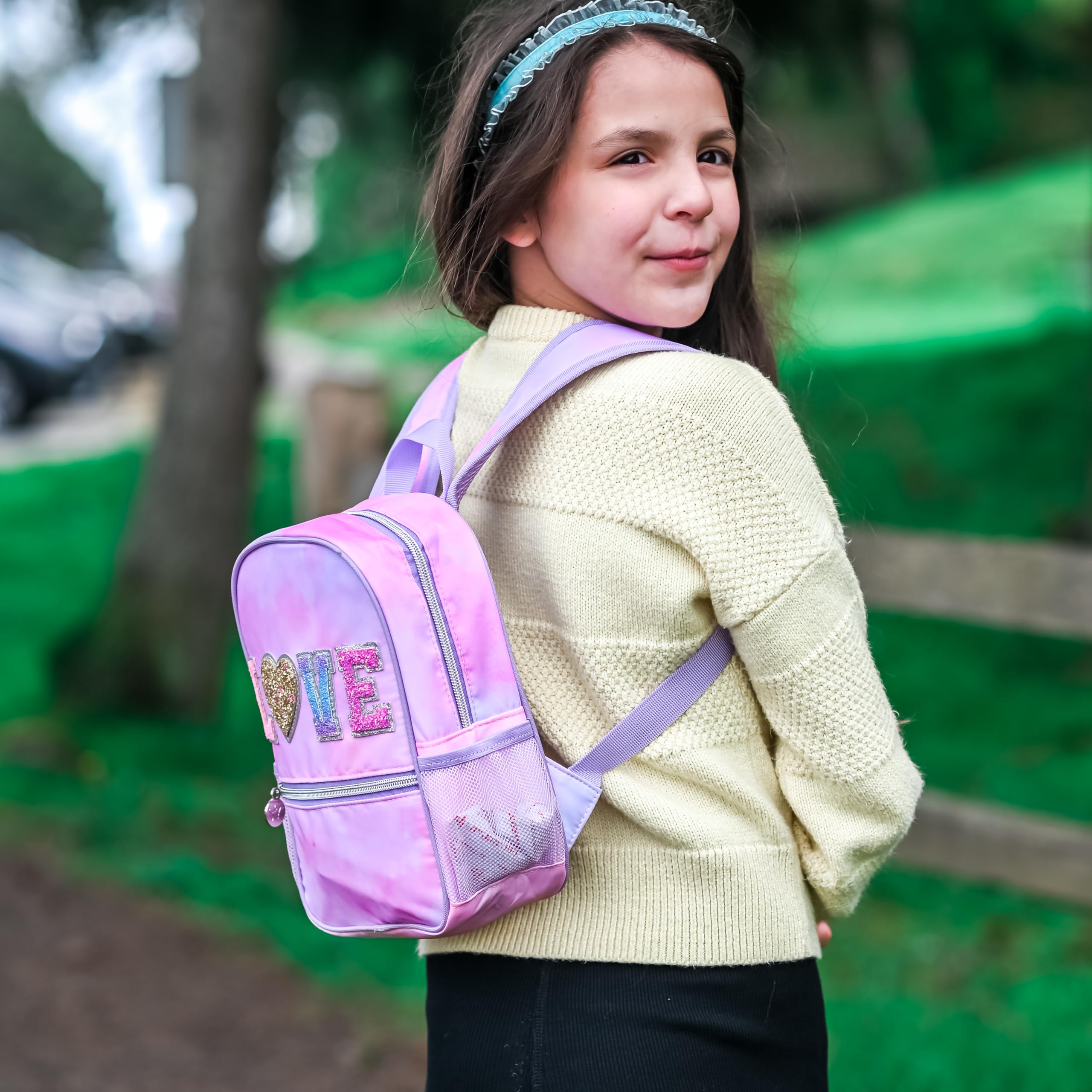 FROG SAC Mini Toddler Backpack for Girls - Pink Tie Dye Glitter Preschool Backpack, Small Daycare Bookbag for Little Girls - Perfect for School, Travel & Daily Use (LOVE - Tie Dye)