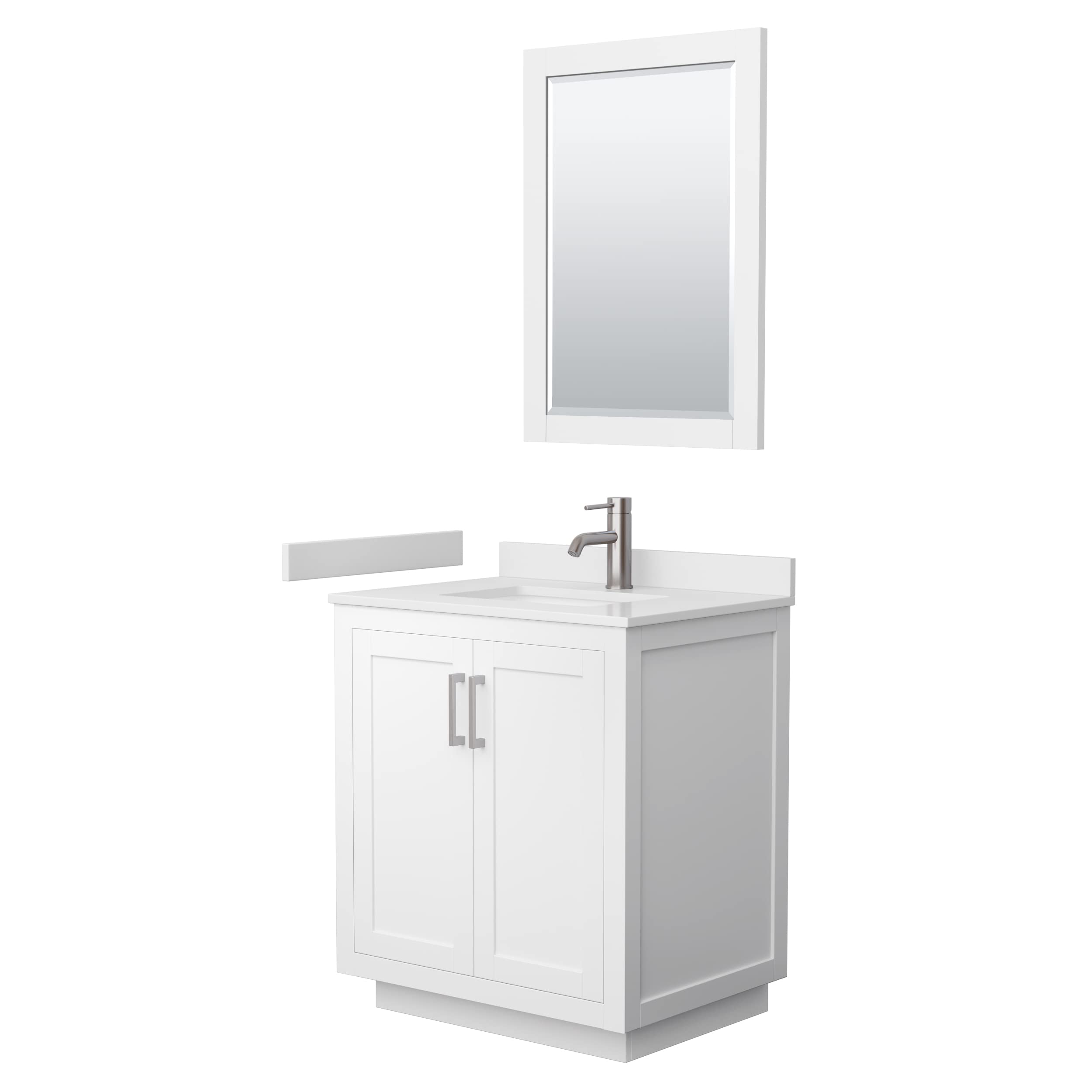 Wyndham Collection Miranda 30 Inch White Bathroom Vanity with White Cultured Marble Countertop, Undermount Square Sink & Brushed Nickel Trim - Includes 24 Inch Mirror for Modern Bathroom Remodel & Small Space Solutions