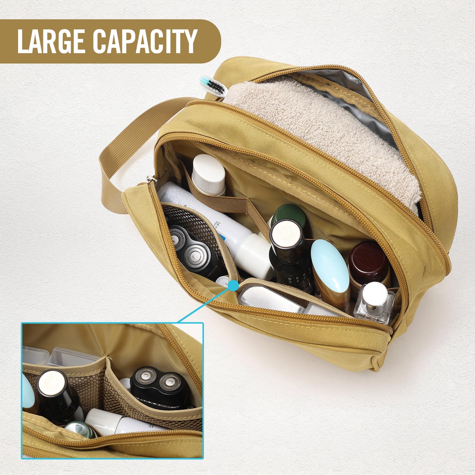 3-Layer Water-Resistant Travel Toiletry Bag for Men & Women - Dry/Wet Separate Shaving Dopp Kit with MOLLE System (Brown) | Perfect for Camping, Gym, Business Trips & Airplane Carry-On