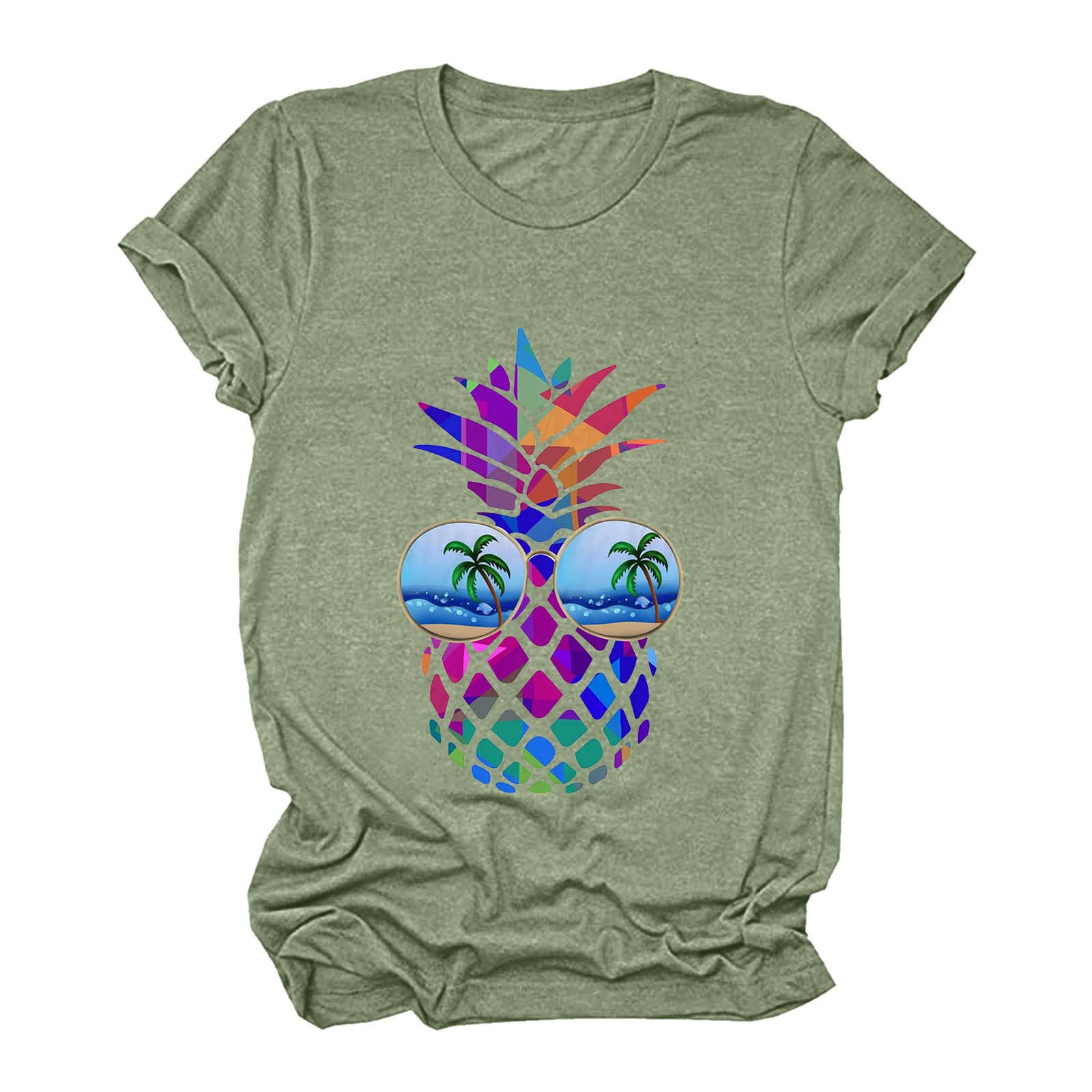 Women's Casual Pineapple Print Round Neck Short Sleeve T-Shirt - Breathable Summer Blouse & Sheer Lace Tunic Top for Beach, Vacation, and Everyday Wear