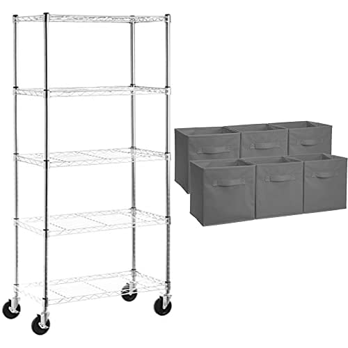 Amazon Basics 5-Shelf Adjustable Heavy Duty Metal Storage Shelving Unit with 4'' Wheel Casters - Chrome Wire Rack & Collapsible Fabric Storage Cubes with Handles (Gray, Pack of 6) - Perfect for Garage Organization, Closet Storage, and Retail Display