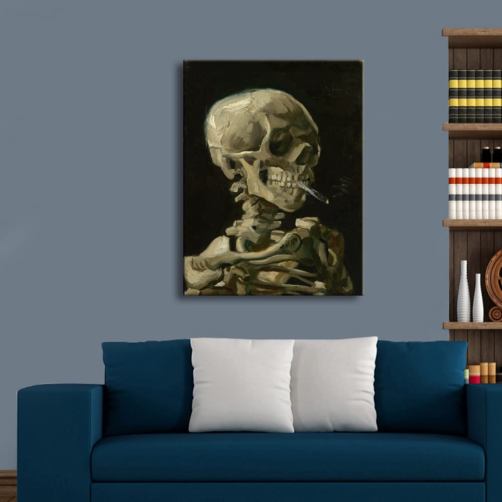 Vincent Van Gogh Skull with Burning Cigarette Canvas Wall Art - Large 1886 Post-Impressionist Skeleton Painting - Home & Office Decor for Living Room, Bedroom, Study