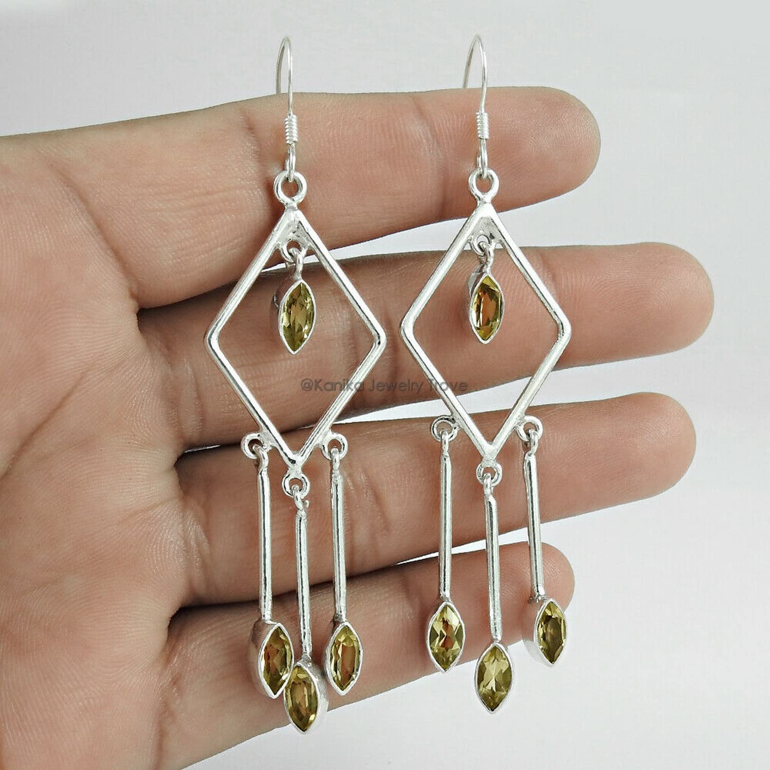 925 Sterling Silver Handmade Dangle Hook Earrings with Rhombus Natural Citrine Gemstone - Elegant Women's Jewelry for Party, Wedding & Everyday Wear
