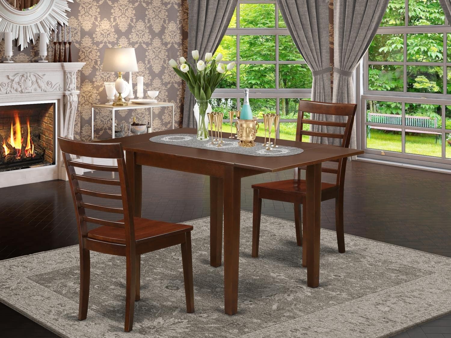 East West Furniture NDML3-MAH-W 3-Piece Small Space Kitchen Table Set with Drop Leaf Dining Table & 2 Chairs, 30x48 Inch, Mahogany - Perfect for Apartments, Breakfast Nooks & Cozy Dining Areas