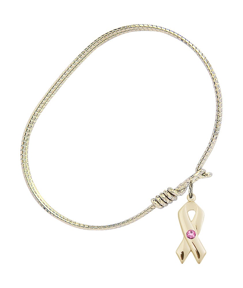 6 1/4 Inch Oval Eye Hook Bangle Bracelet with Cancer Awareness Charm & Rose Crystal - Elegant Jewelry Gift for Women, Survivors, Supporters (Ideal for Fundraisers, Awareness Events & Everyday Wear)