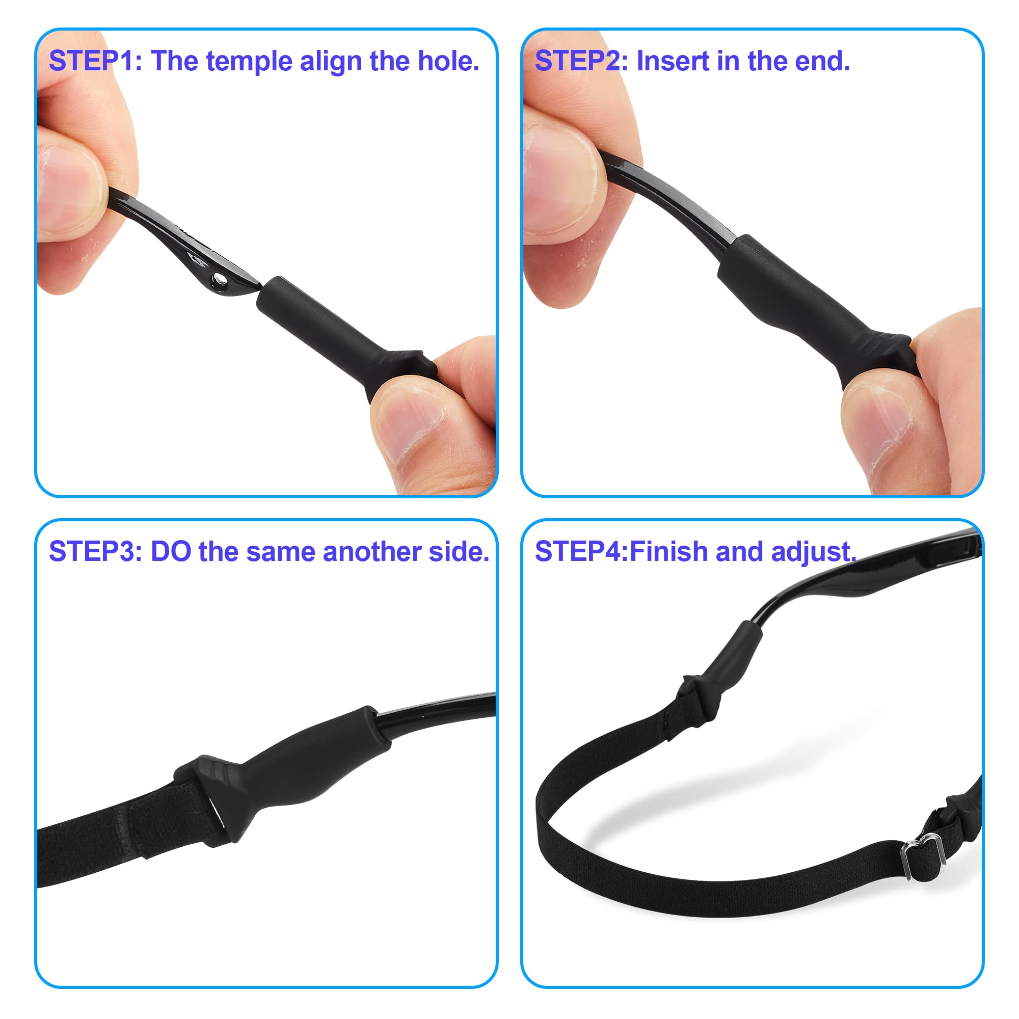 LVVFit Adjustable Baby Glasses Straps (5-8 Inch) - 4 Pack Black Eyewear Retainers for Toddlers & Infants 0-3 Years - Sports Sunglasses & Eyeglasses Holder for Boys & Girls - Perfect for Outdoor Play, Swimming & Active Kids