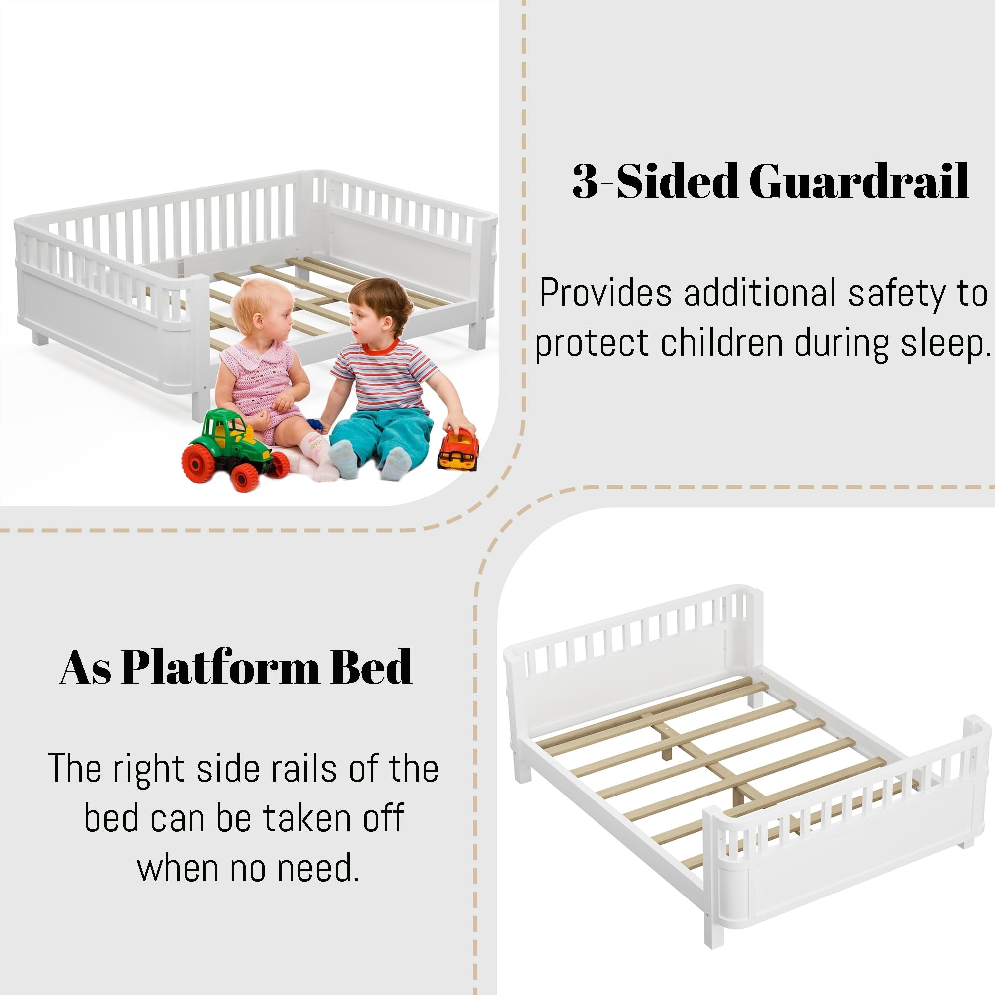 Montessori Full Size Bed with Guardrails - Solid Wood Kids Bed Frame with Slats Support - Low Profile Modern Toddler Bed with Removable Side Rails for Boys & Girls - Perfect for Bedroom, Nursery or Playroom - White