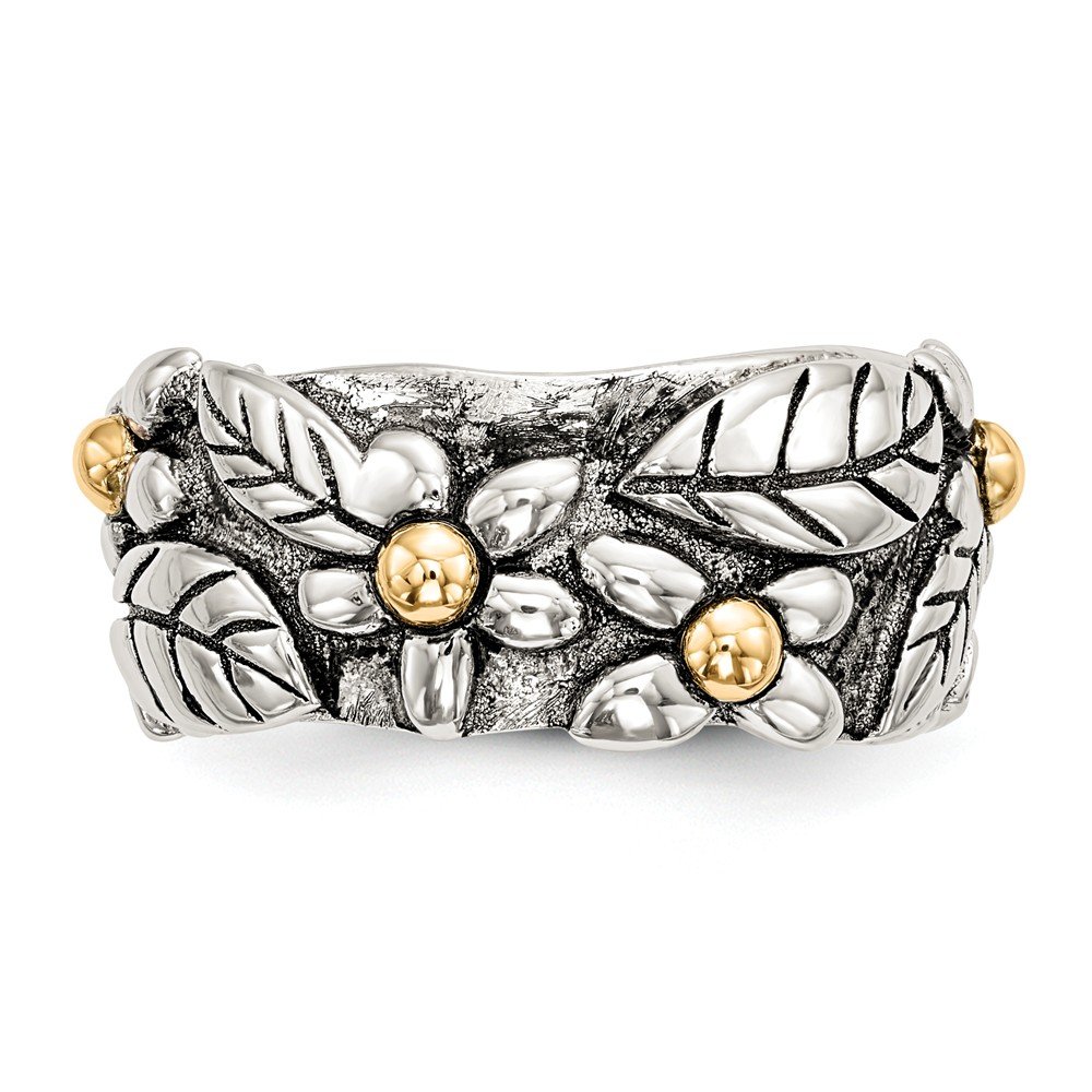 Antique Style Sterling Silver & 14k Gold Floral Leaf Band Ring for Women | Vintage Inspired Wedding, Engagement, Anniversary Jewelry Gift