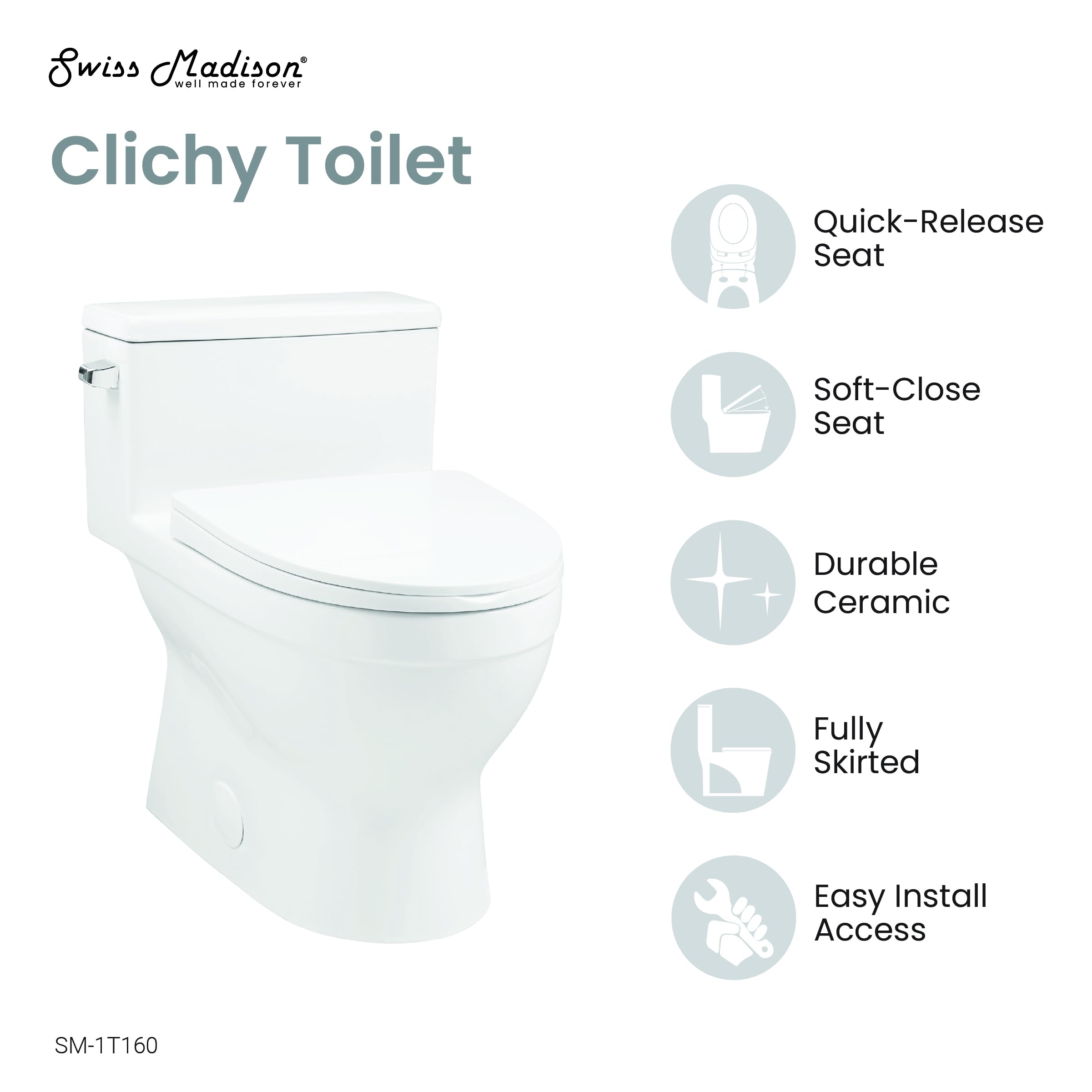 Clichy One-Piece Elongated Toilet with Side Flush | 1.28 GPF Water Efficient | Perfect for Small Bathrooms & Modern Homes