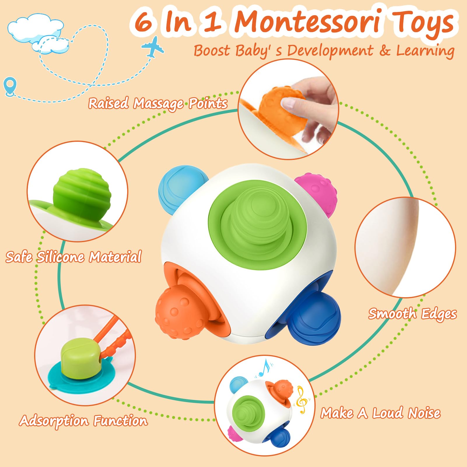 Montessori Baby Toys for 0-12 Months - Bumpy Sensory Ball with Rattle & Teether, Suction Cup Travel Toy for Newborns & Toddlers | Perfect for Early Learning, Teething Relief & Sensory Play