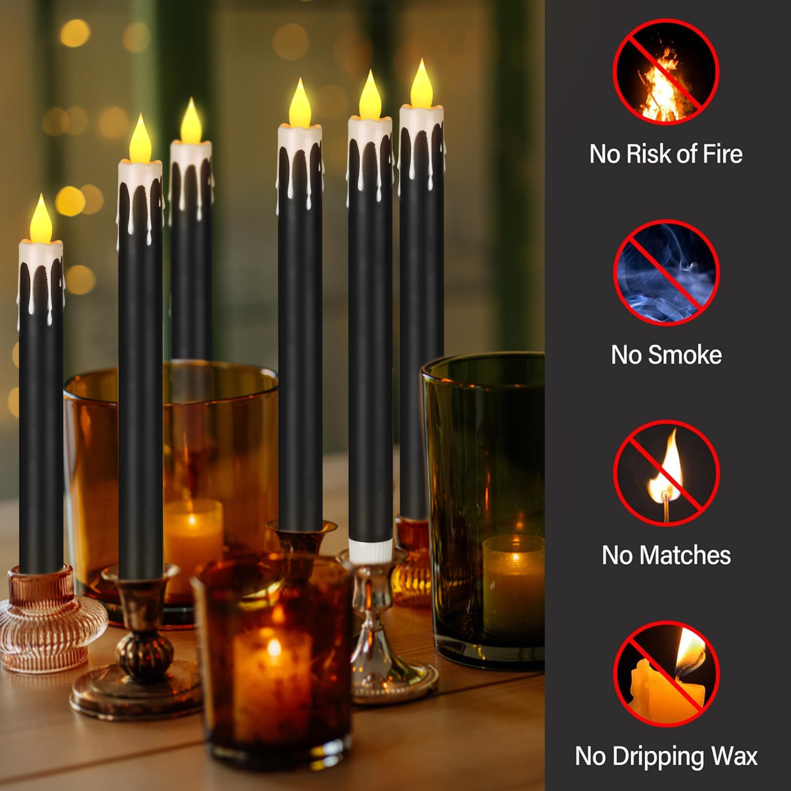 Flameless Taper Candles 10.6 Inch - Dripless Battery Operated Candles with Remote Timer - 400+ Hours Runtime (2 AA Batteries Included) - Perfect for Halloween, Christmas, Wedding Decor - Set of 6 (Black & White) - Elegant Table Centerpiece for Dining Room, Church Altar & Romantic Dinner Lighting