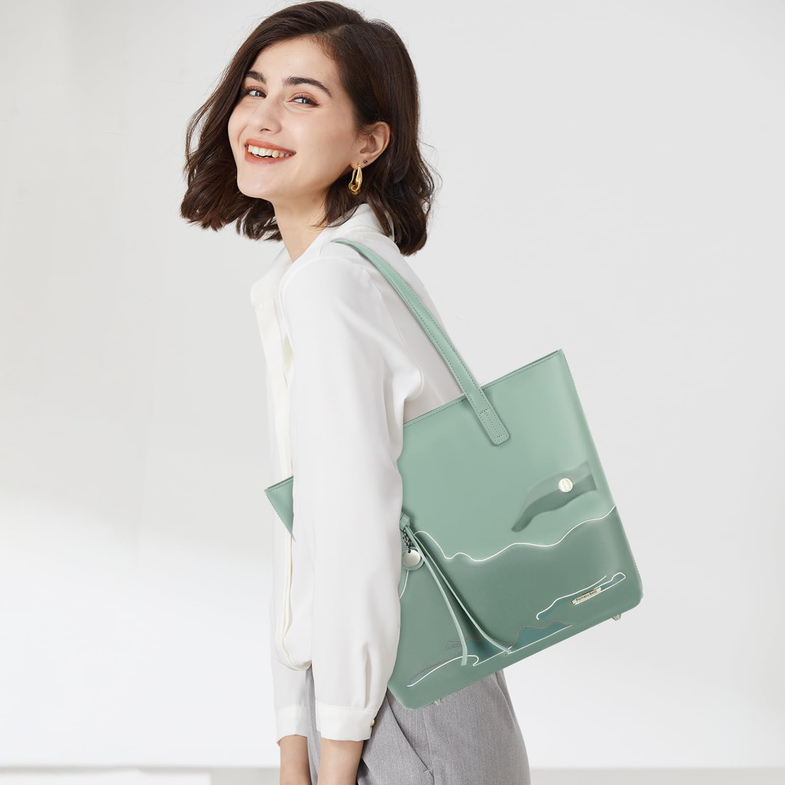 Premium PU Leather Tote Bags for Women - Large Zippered Handbags with Shoulder Strap, Light Green Chinese Landscape Print, Stylish Work & Everyday Purse | Perfect for Office, Commuting, Shopping & Travel