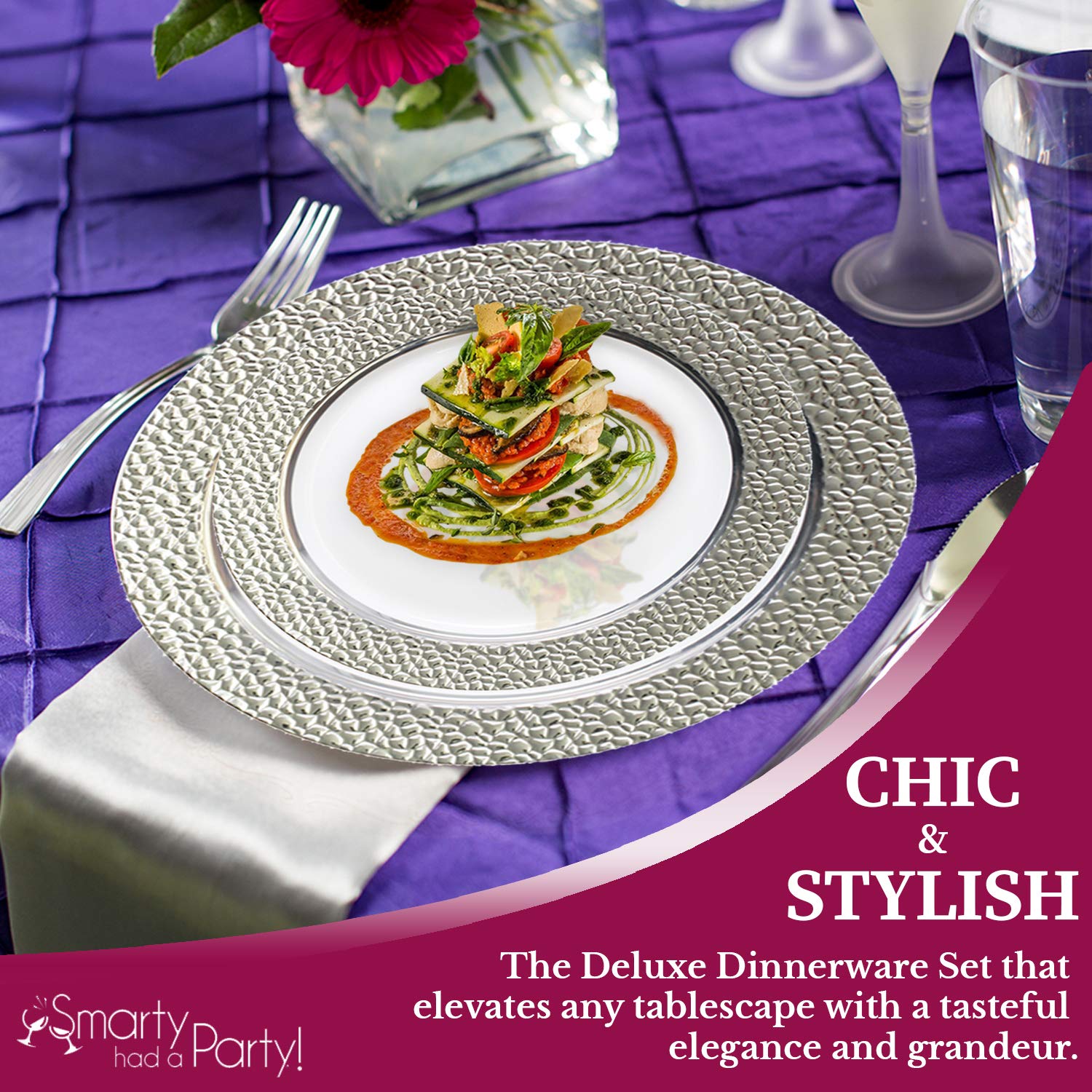 Premium Disposable Plastic Dinnerware Set for 120 Guests - Elegant White with Silver Hammered Rim Plates, Salad/Dessert Plates, Cutlery & Cups | Perfect for Weddings, Birthday Parties, Catering & Special Events | Durable & Stylish Party Tableware