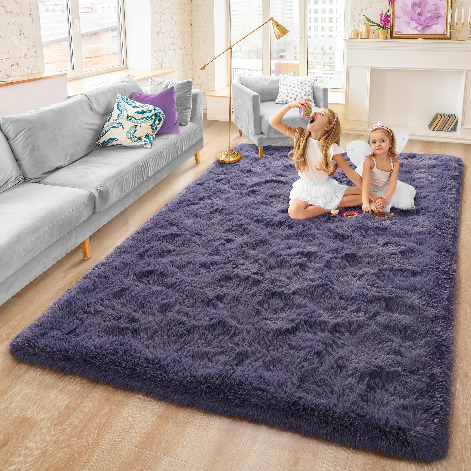 Fluffy 3x5 Grey Purple Shaggy Area Rug - Soft Thick Plush Carpet for Bedroom, Living Room, Kids Room & Dorm Decor - Cozy Aesthetic Floor Mat for Girls' Bedroom, Home & Office Use