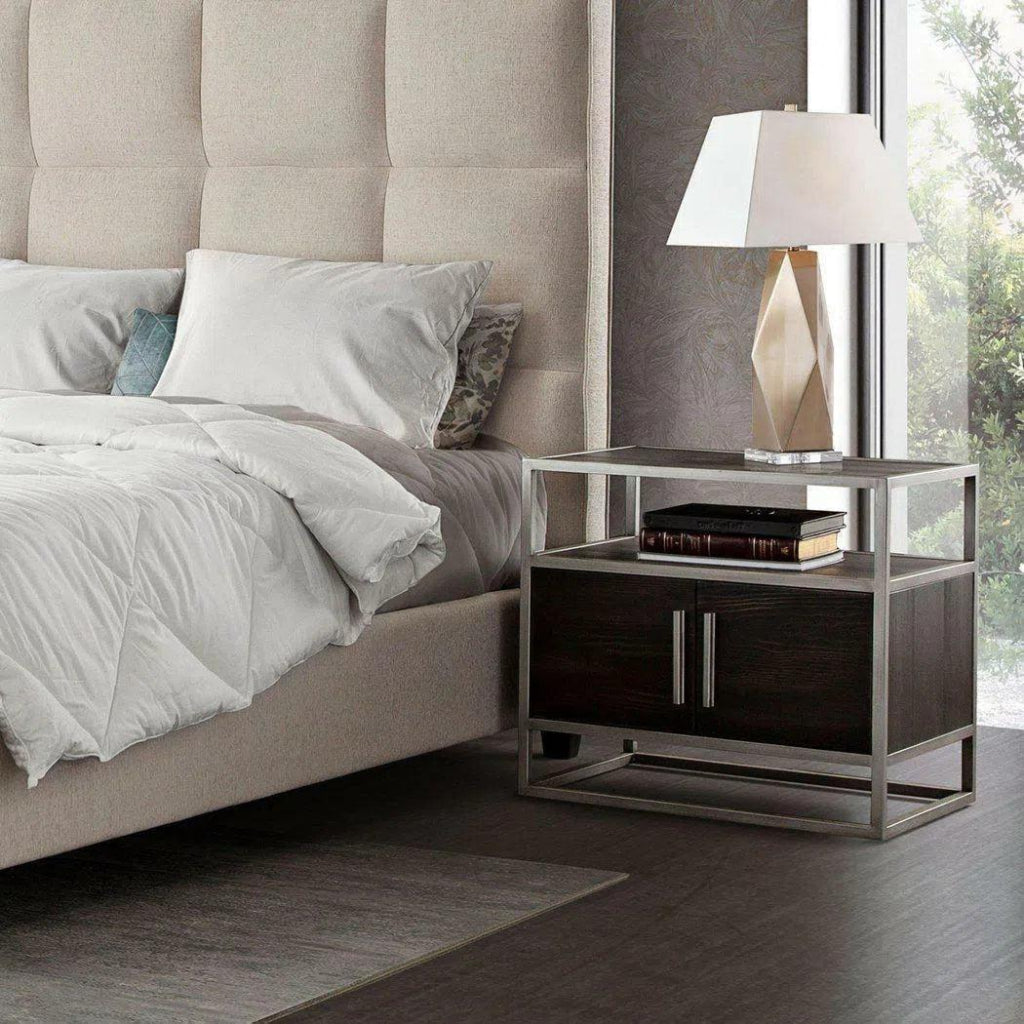 Dark Brown 2-Door End Table with Silver Metal Frame - Perfect for Living Room, Bedroom, or Office Side Table