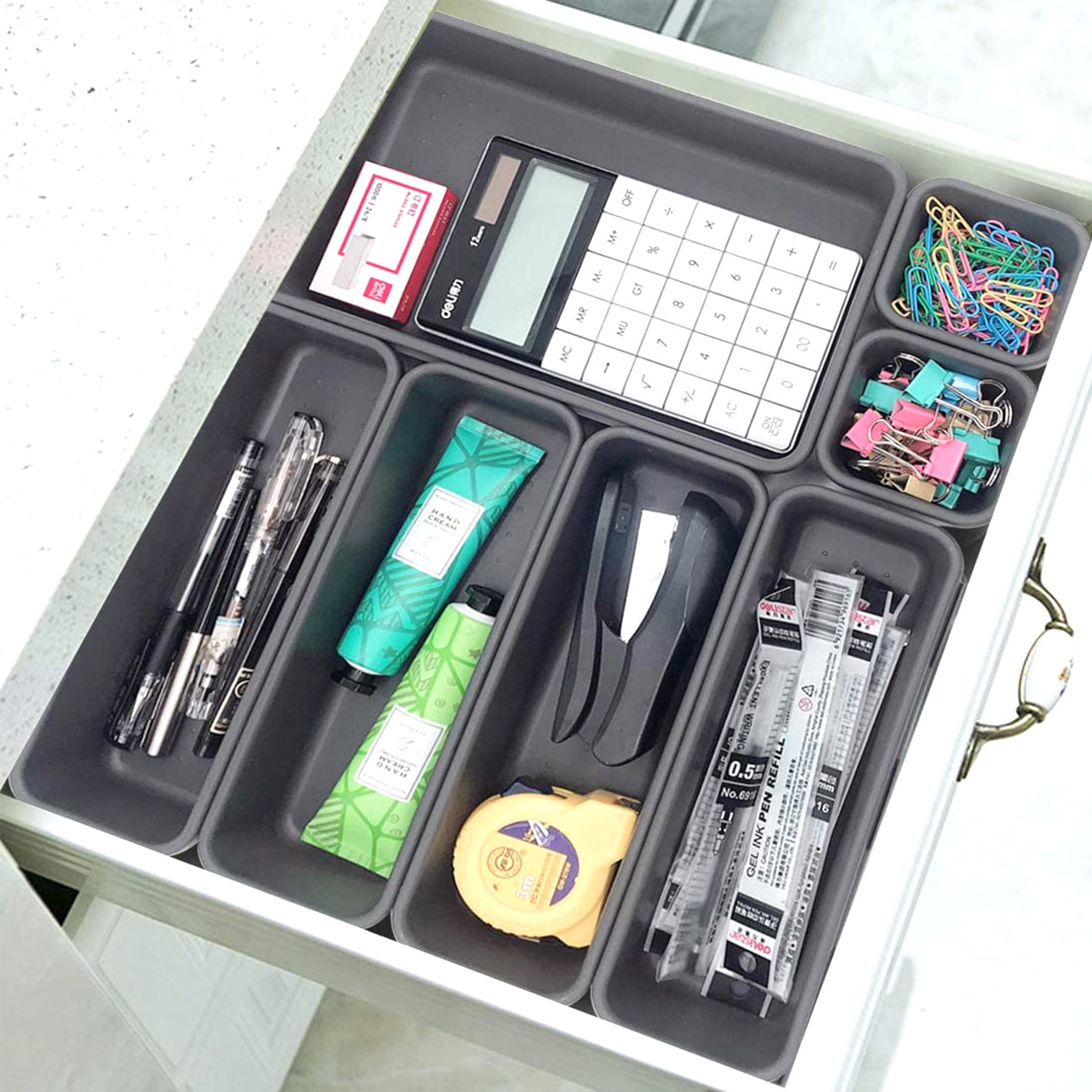 Theshai 8-Piece Small Drawer Organizer Set - 3-Size Interlocking Tray Dividers for Bathroom, Makeup, Kitchen, Office & Craft Supplies (Black) | Space-Saving Storage Solution for Vanity, Desk & Closet Organization