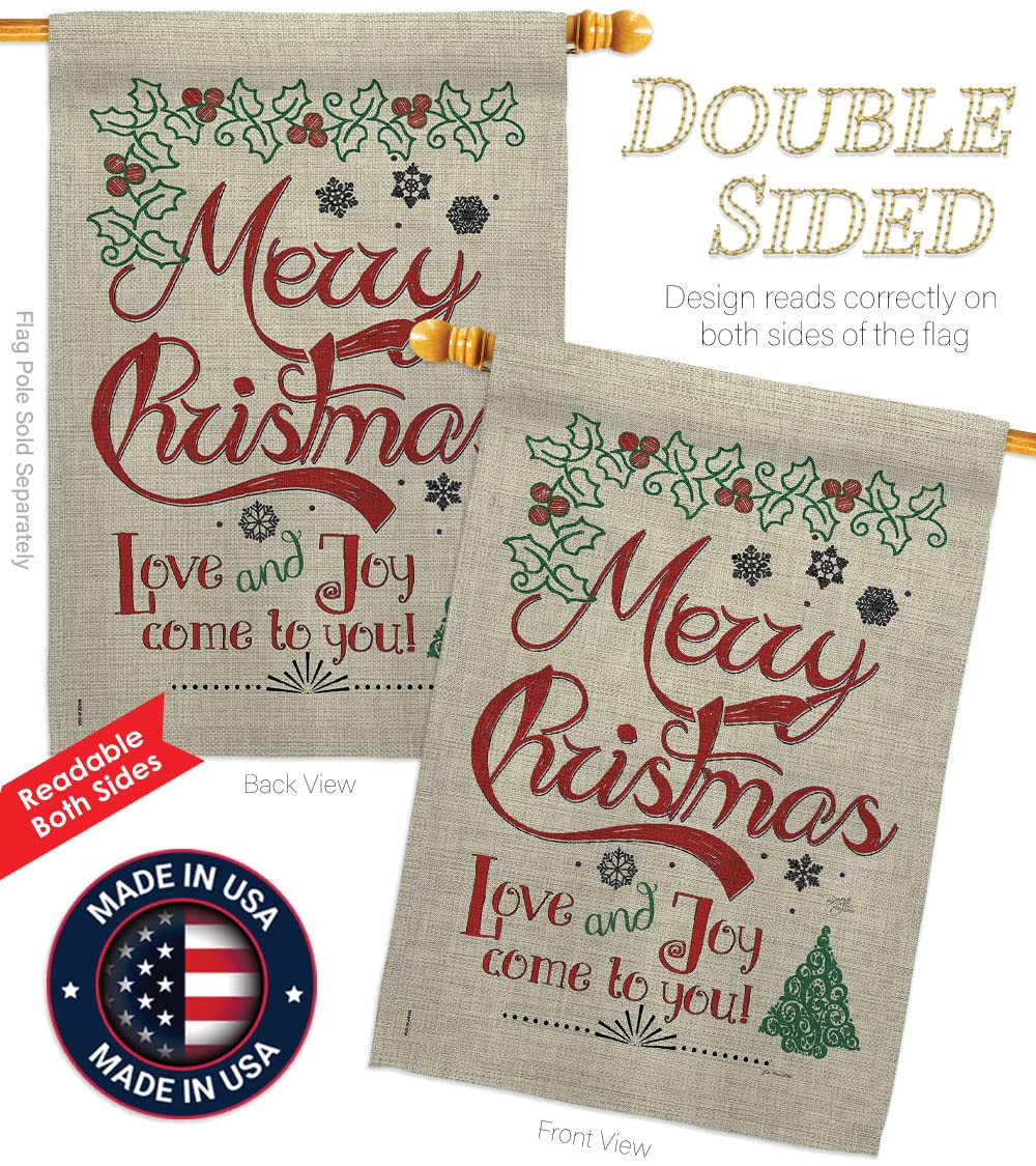 Christmas Decorative Flag Set w/Flagpole - Love & Joy Linen Winter Kit for Home & Garden Decor